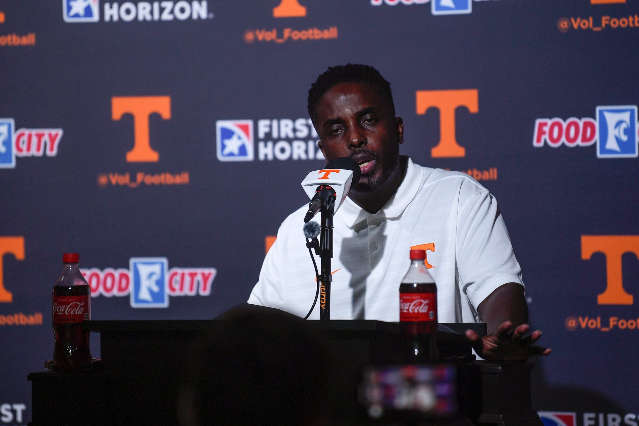 University of Tennessee football's defensive coordinator Tim Banks speaks to the press on media day at the campus in Knoxville, Tuesday, July 30, 2024.