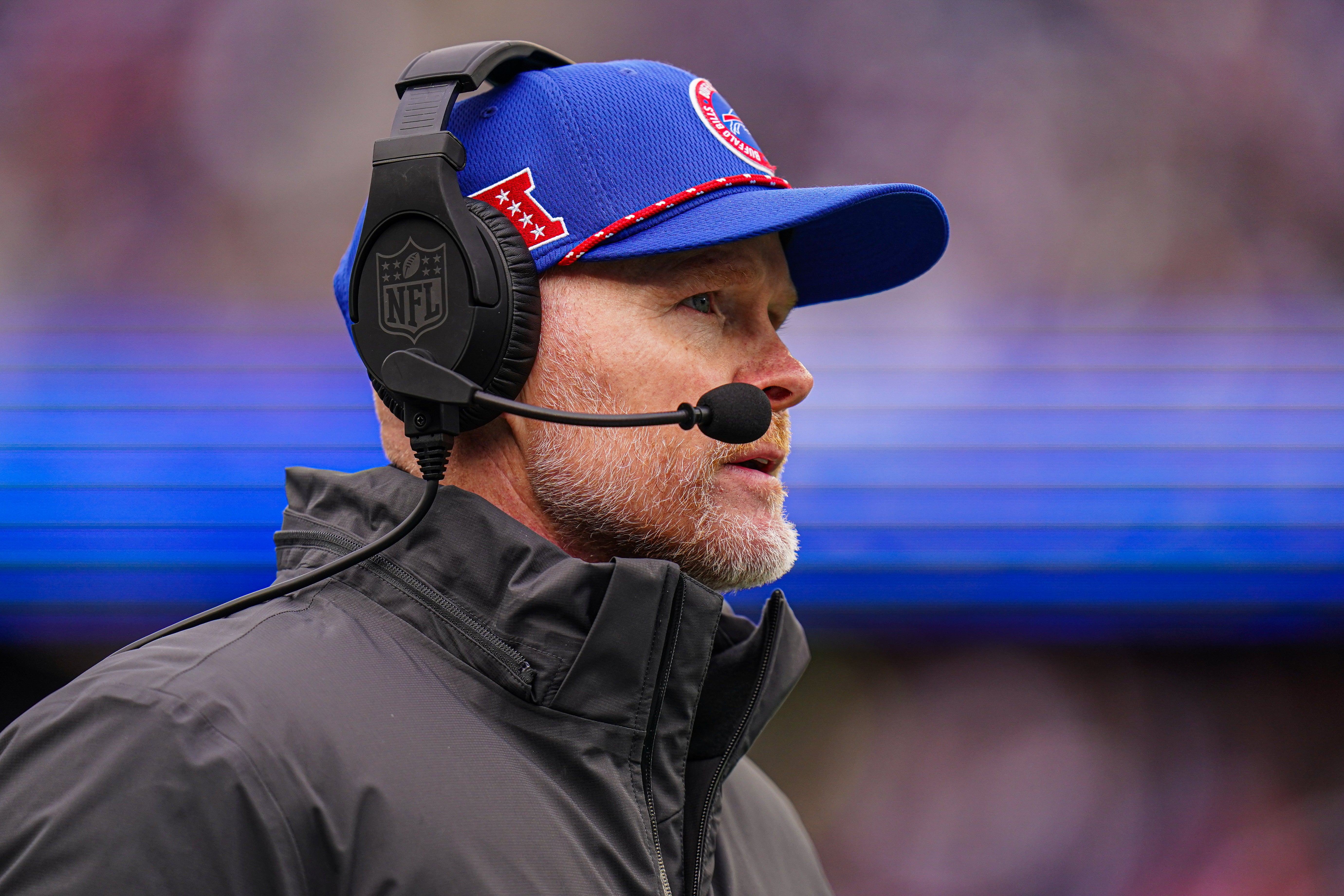Jan 5, 2025; Foxborough, Massachusetts, USA; Buffalo Bills head coach Sean McDermott watches from the sideline as they take on the New England Patriots at Gillette Stadium.