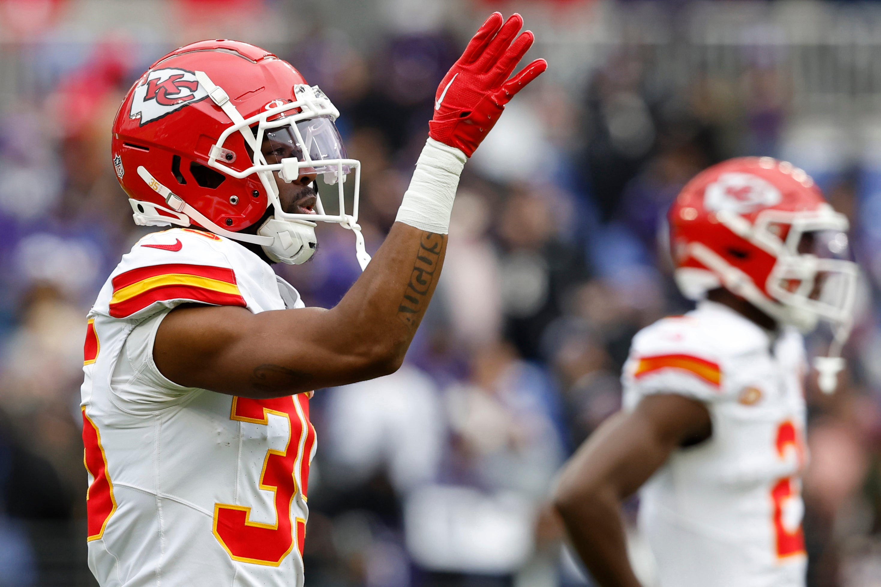 Jan 28, 2024; Baltimore, Maryland, USA; Kansas City Chiefs cornerback Jaylen Watson (35) stands on the field during warmup prior to the Chiefs' game against the Baltimore Ravens in the AFC Championship football game at M&T Bank Stadium.