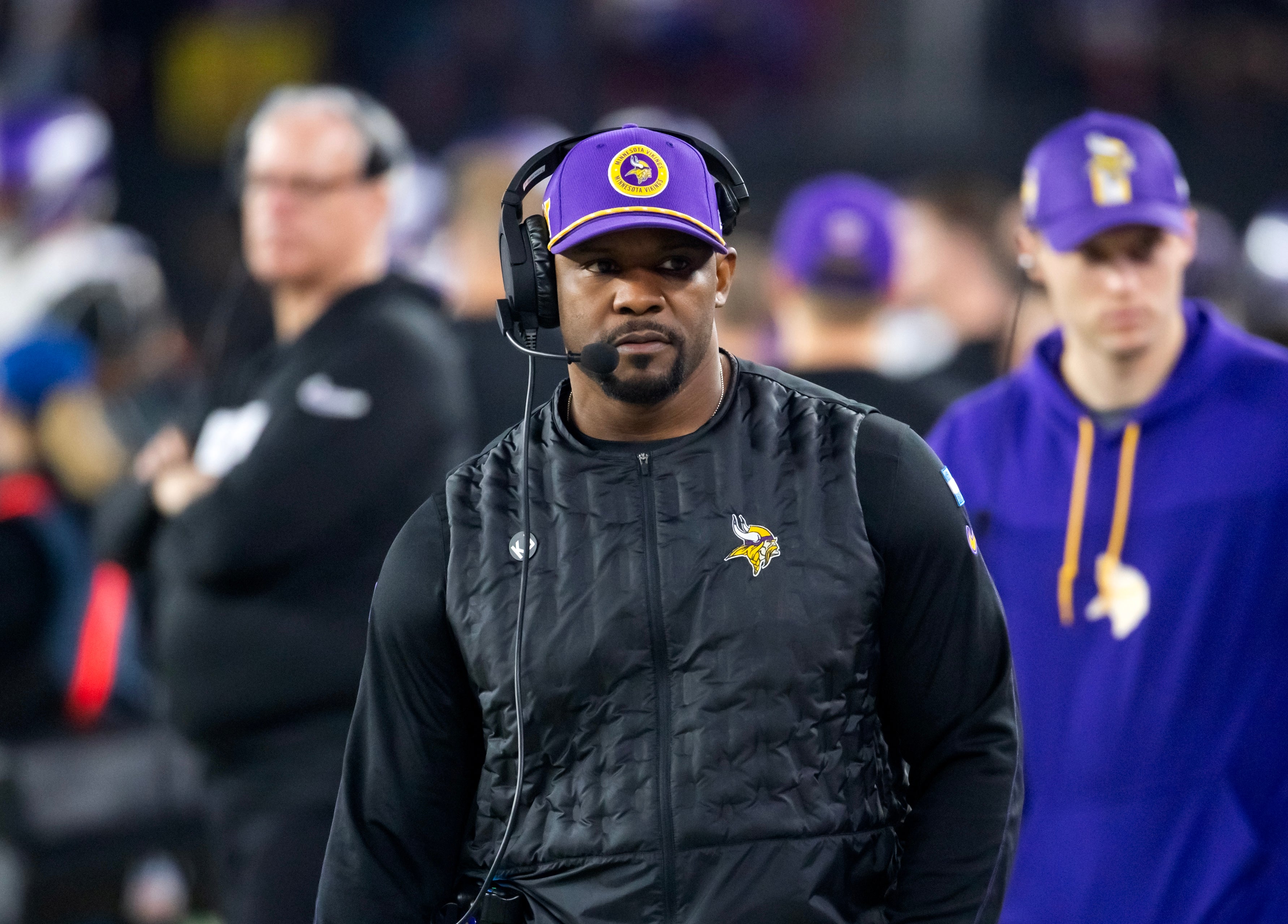 Jan 13, 2025; Glendale, AZ, USA; Minnesota Vikings defensive coordinator Brian Flores against the Los Angeles Rams during an NFC wild card game at State Farm Stadium.