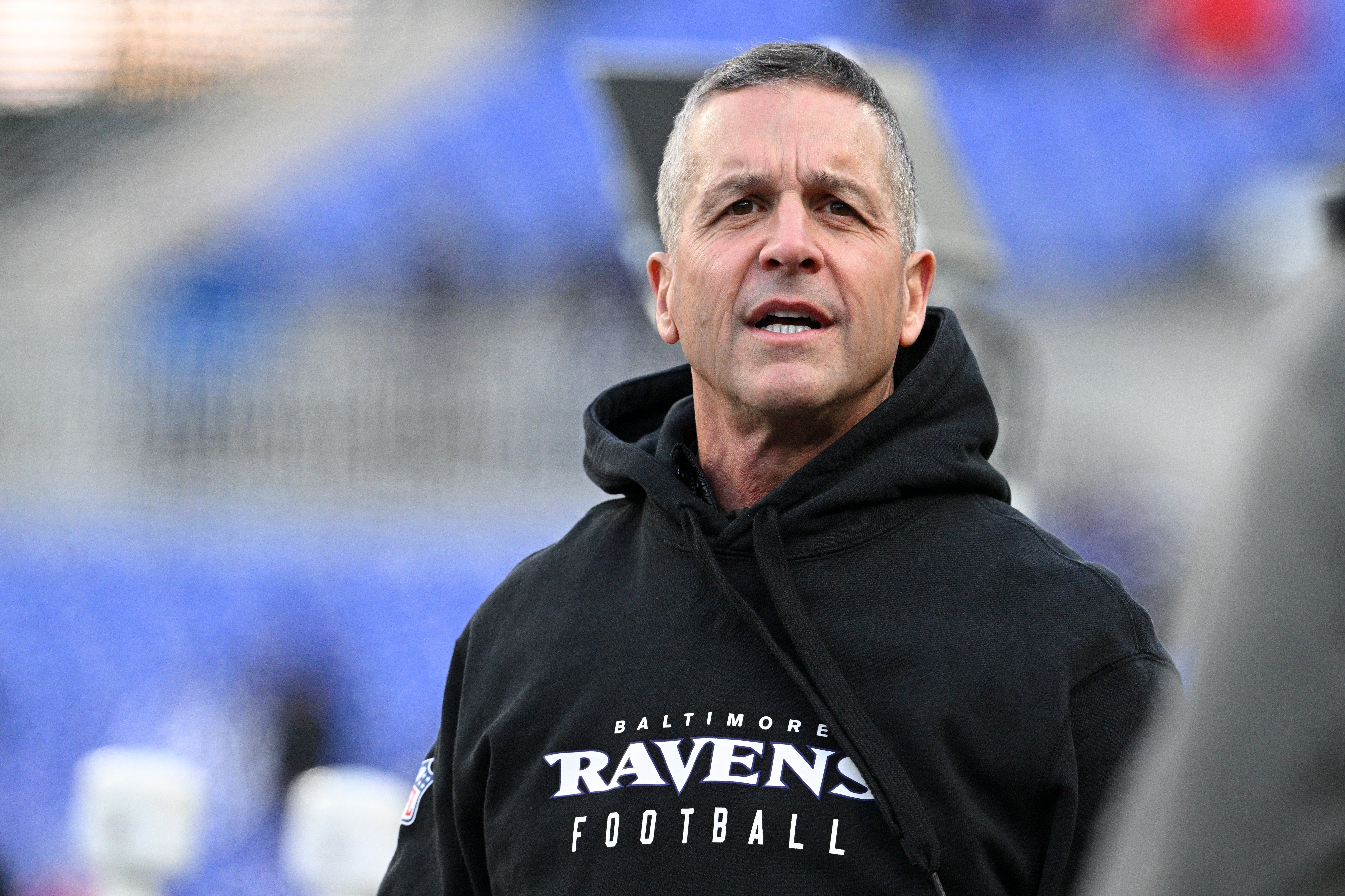 Jan 4, 2025; Baltimore, Maryland, USA; Baltimore Ravens head coach John Harbaugh before the game against the Cleveland Browns at M&T Bank Stadium.