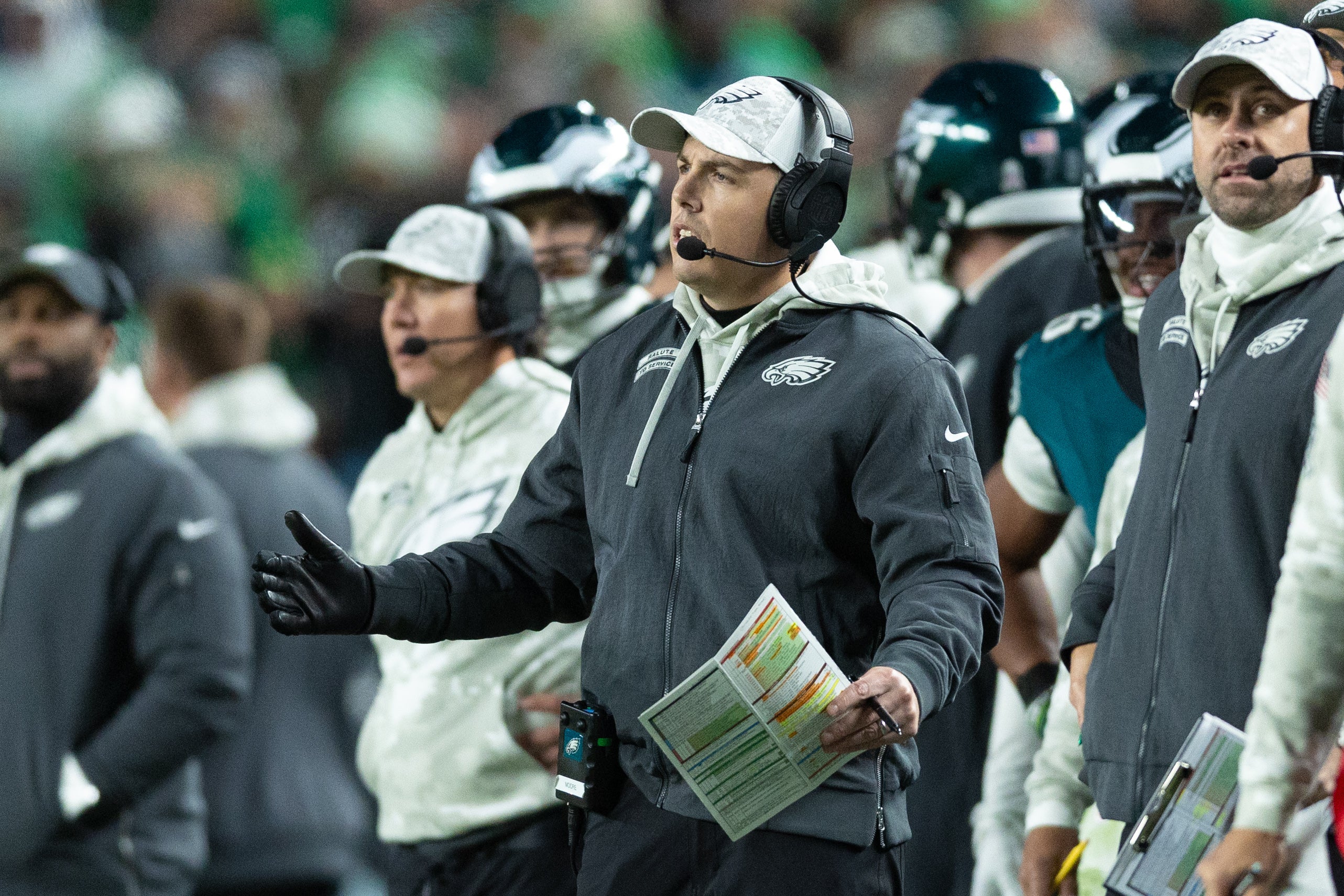 Philadelphia Eagles offensive coordinator Kellen Moore reacts during the third quarter of a game against the Washington Commanders at Lincoln Financial Field.