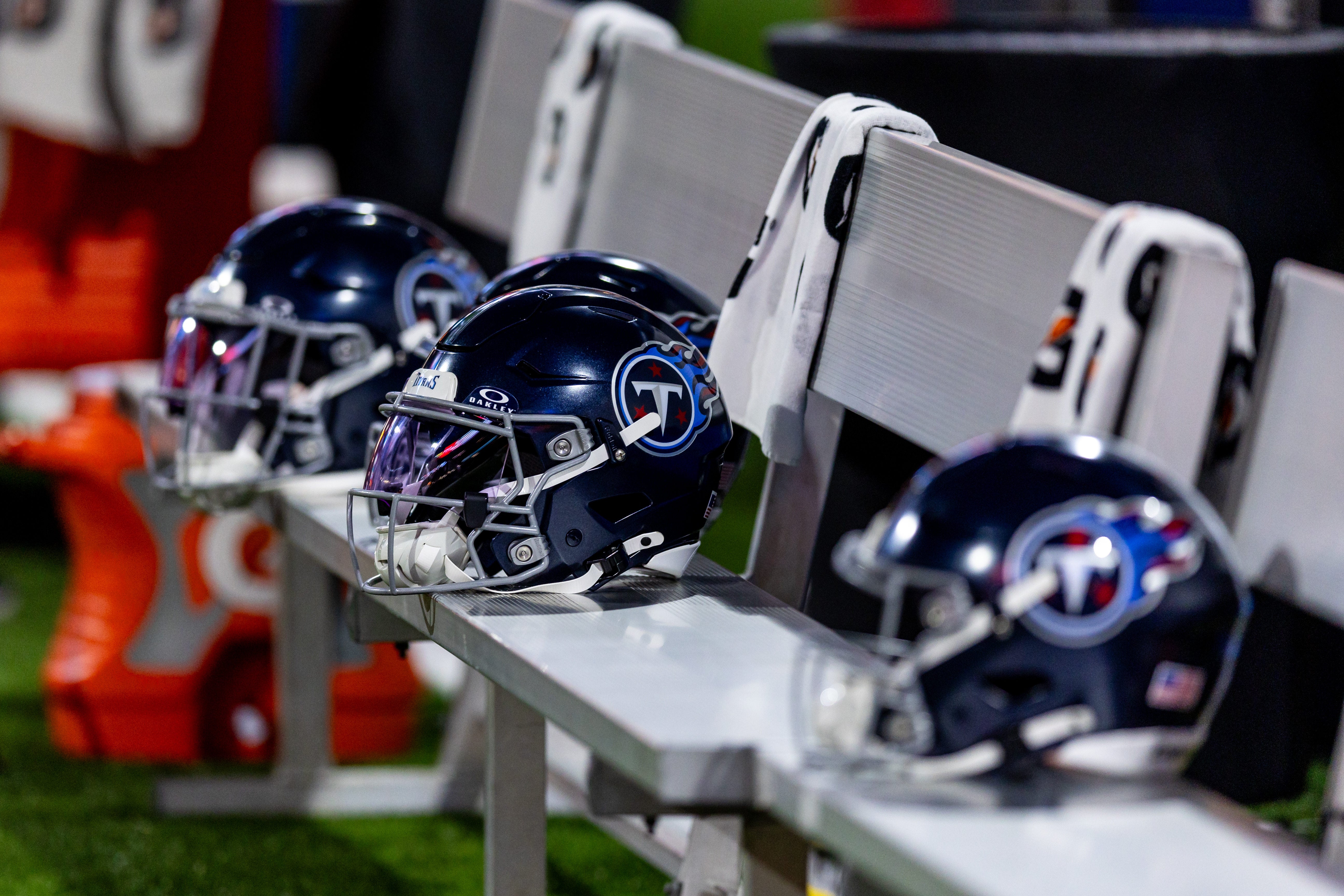 Detailed view of the Tennessee Titans helmet against the New Orleans Saints during the first half at Caesars Superdome. Stephen Lew-Imagn Images