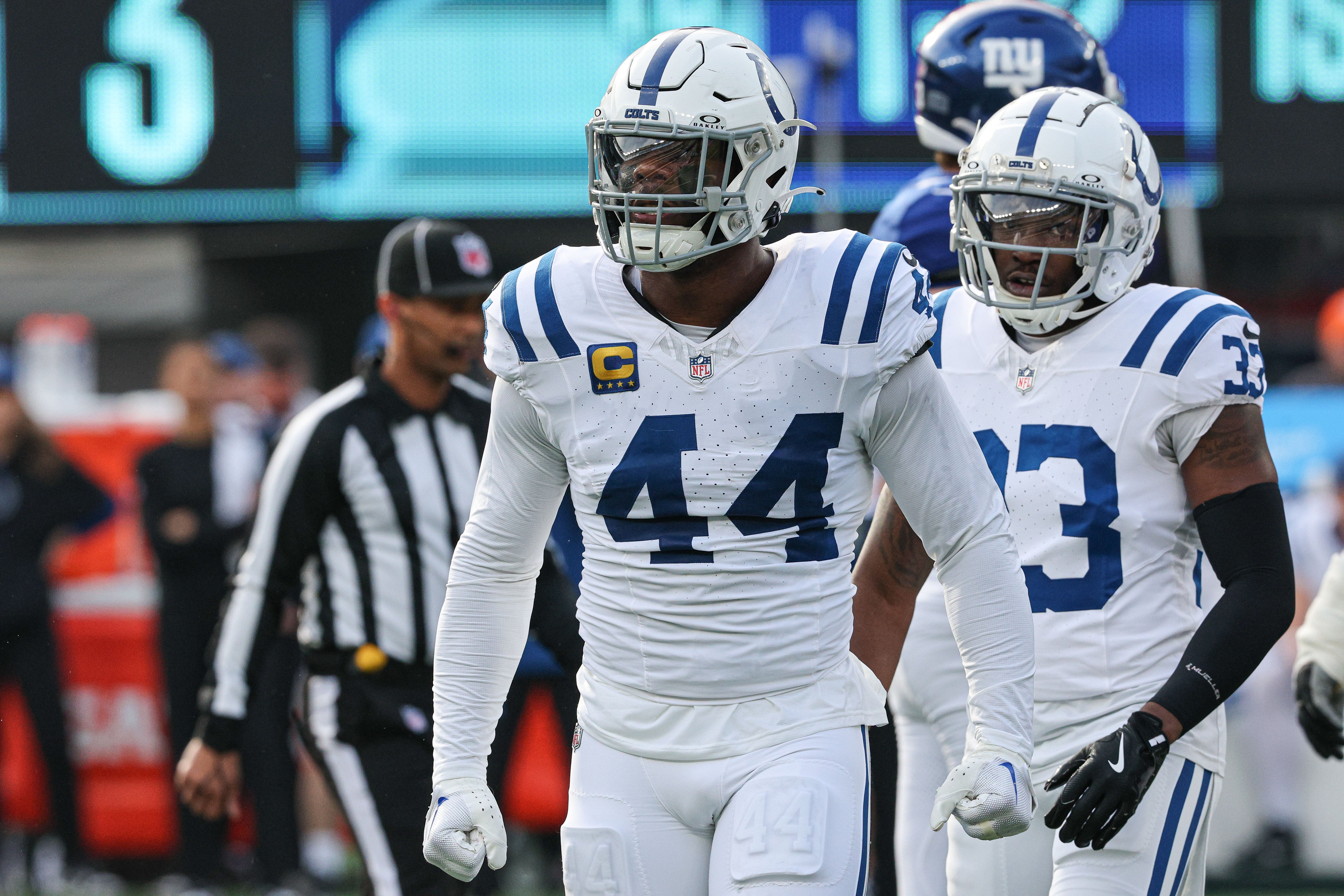 Dec 29, 2024; East Rutherford, New Jersey, USA; Indianapolis Colts linebacker Zaire Franklin (44) celebrates a defensive stop during the first half against the New York Giants at MetLife Stadium.