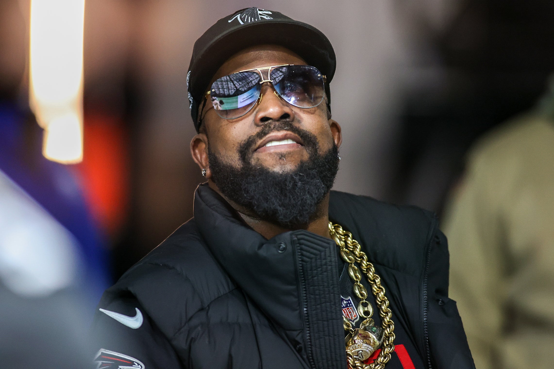Nov 26, 2023; Atlanta, Georgia, USA; Rapper and entertainer Big Boi prepares to perform during a game between the Atlanta Falcons and New Orleans Saints in the second quarter at Mercedes-Benz Stadium.