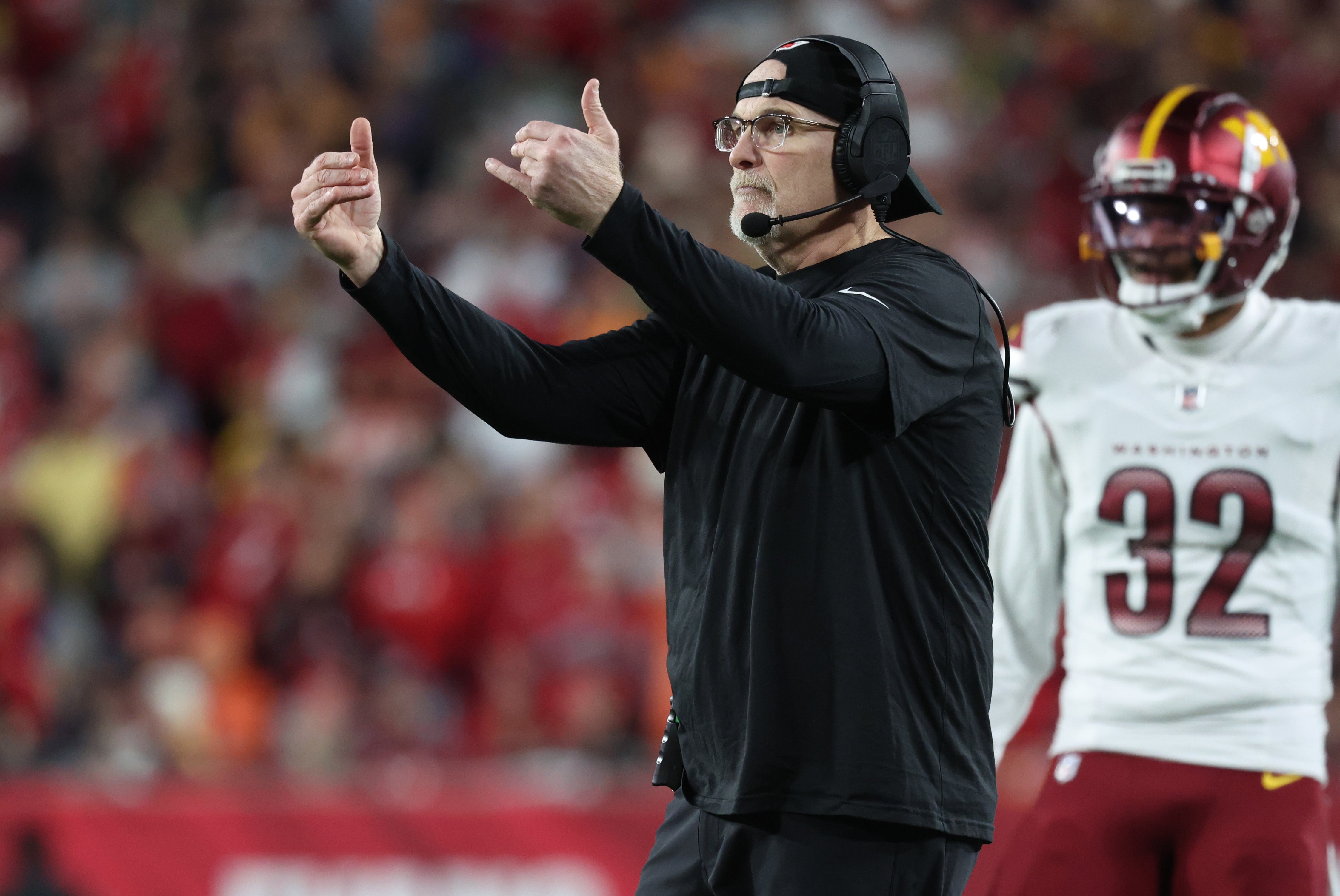 Jan 12, 2025; Tampa, Florida, USA; Washington Commanders head coach Dan Quinn during the fourth quarter of a NFC wild card playoff against the Tampa Bay Buccaneers at Raymond James Stadium.