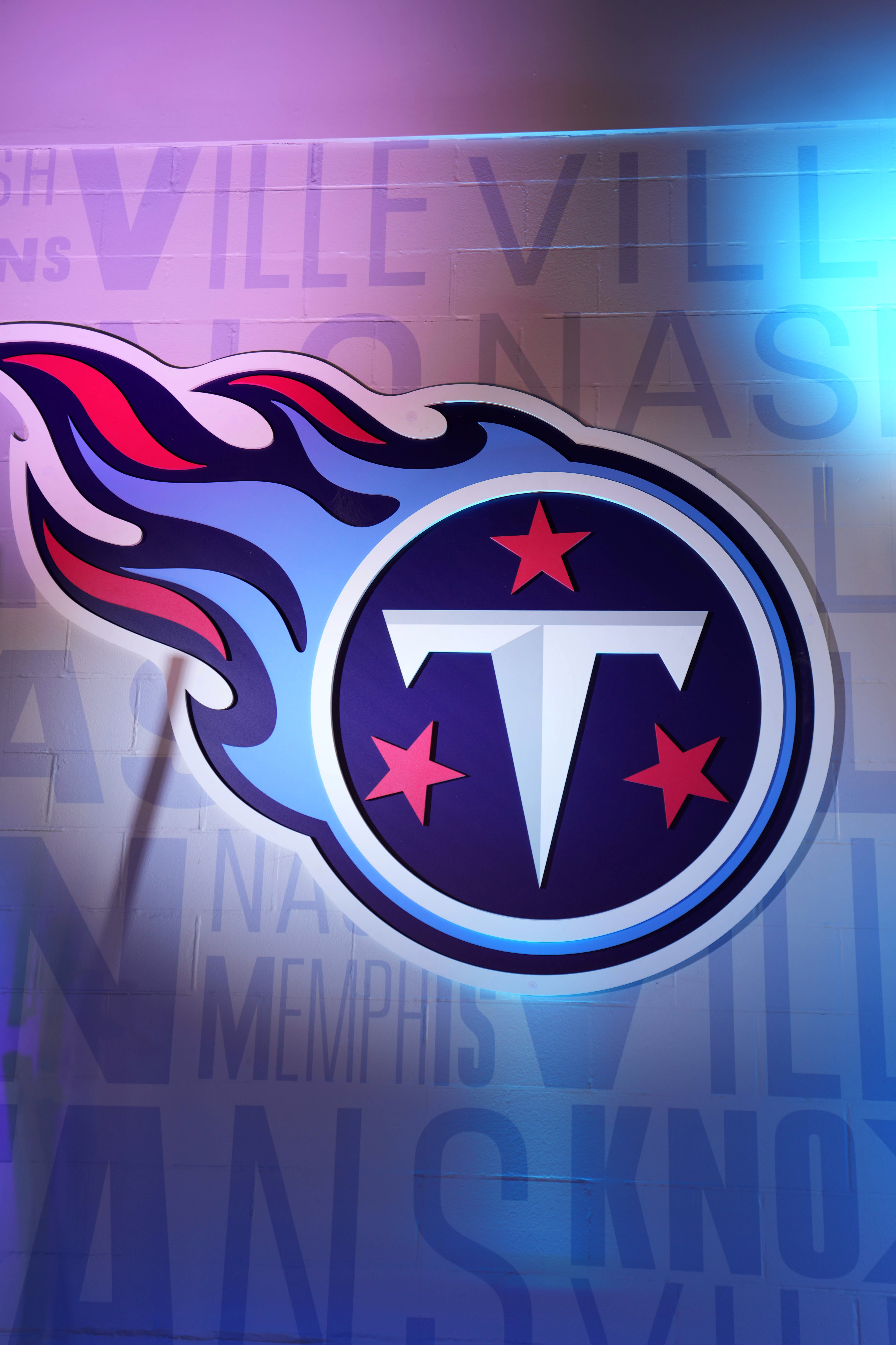 Jan 22, 2022; Nashville, Tennessee, USA; A detailed view of a Tennessee Titans logo during a AFC Divisional playoff football game at Nissan Stadium. Mandatory Credit: Kirby Lee-Imagn Images