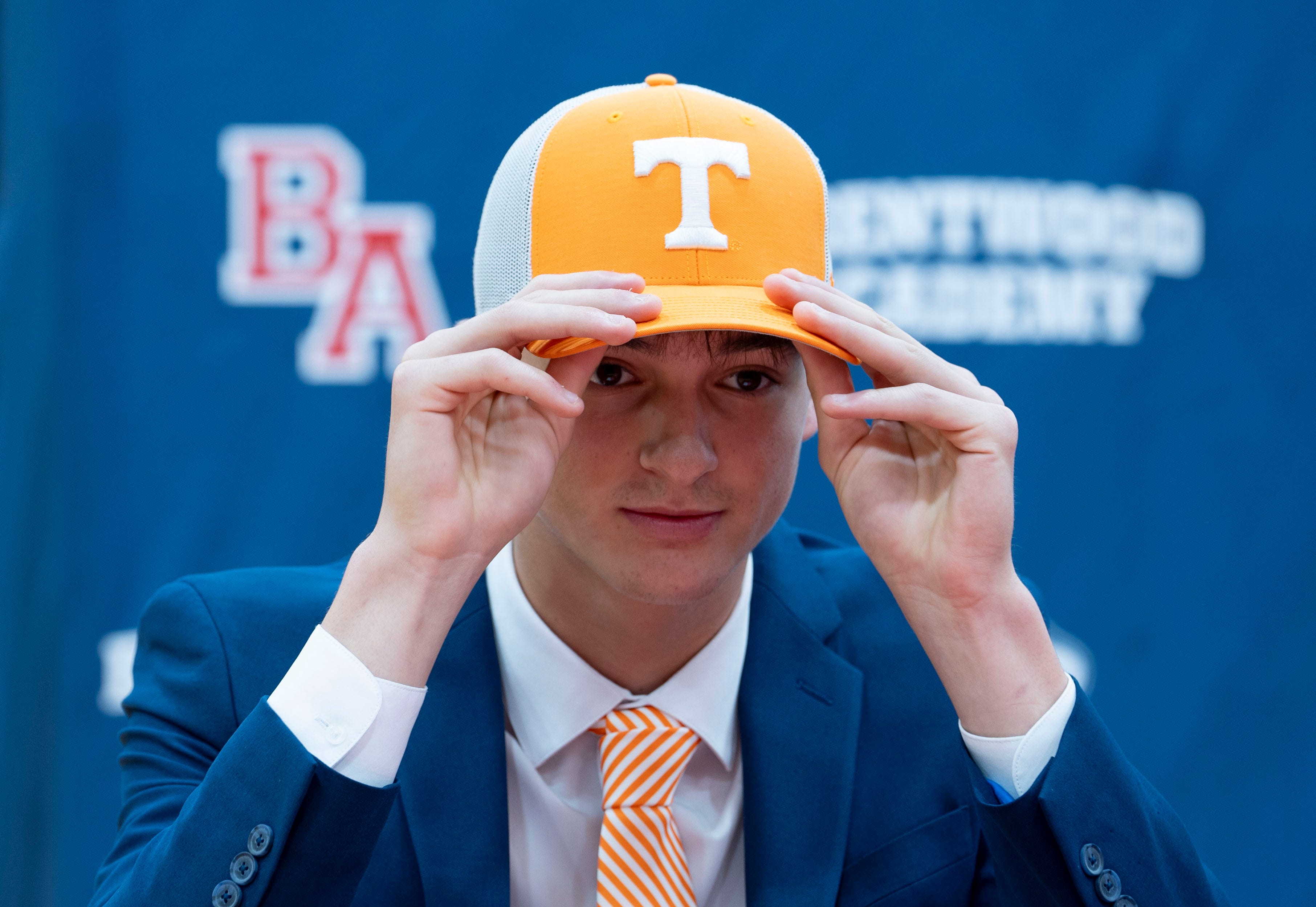 George MacIntyre, adjusts his Tennessee hat during signing day at Brentwood Academy in Brentwood , Tenn., Wednesday, Dec. 4, 2024.