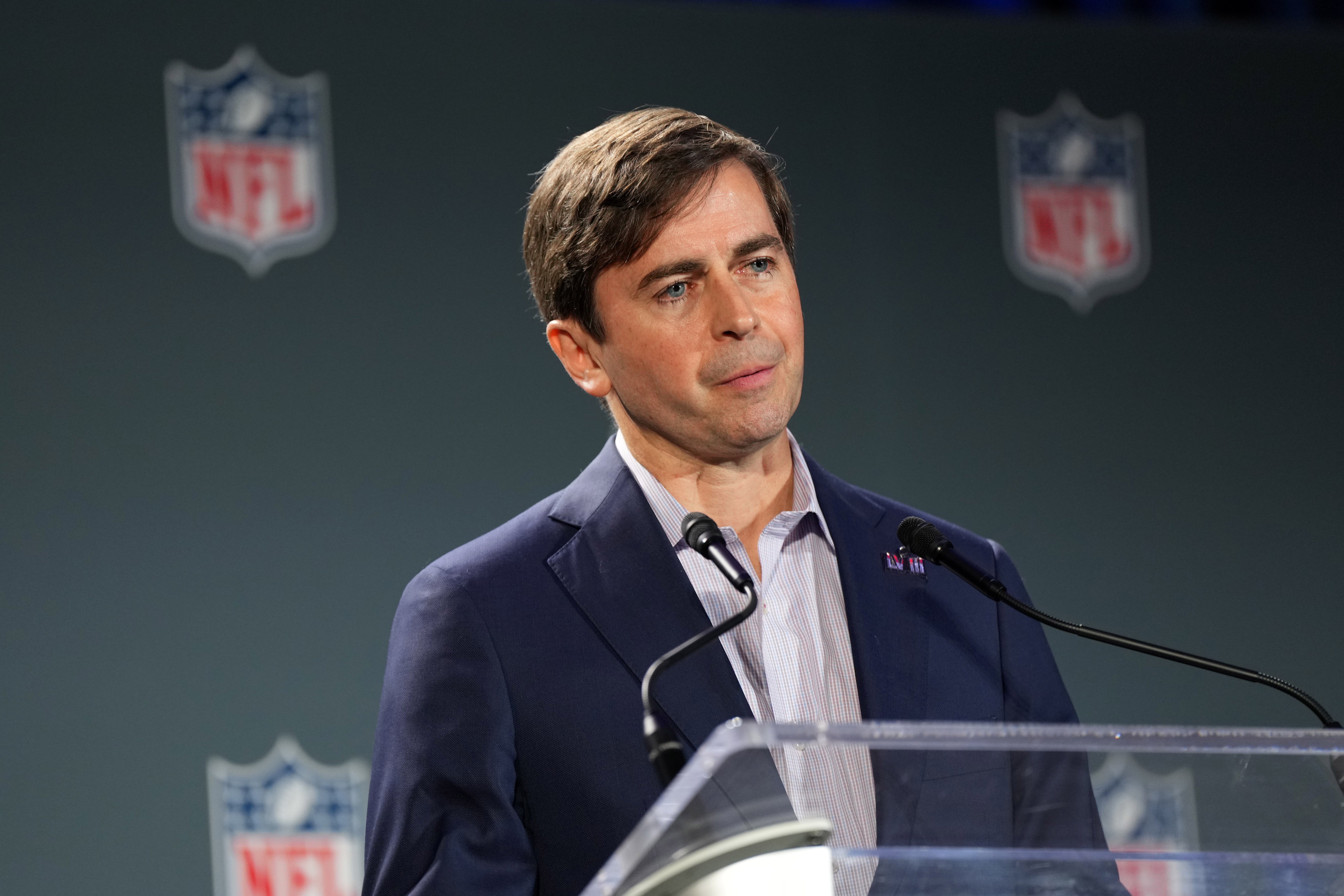 Feb 9, 2024; Las Vegas, NV, USA; NFL International executive vice president Peter O'Reilly during a press conference to announce Madrid as host to NFL regular season International Series game at Santiago Bernabeu Stadium in 2025.