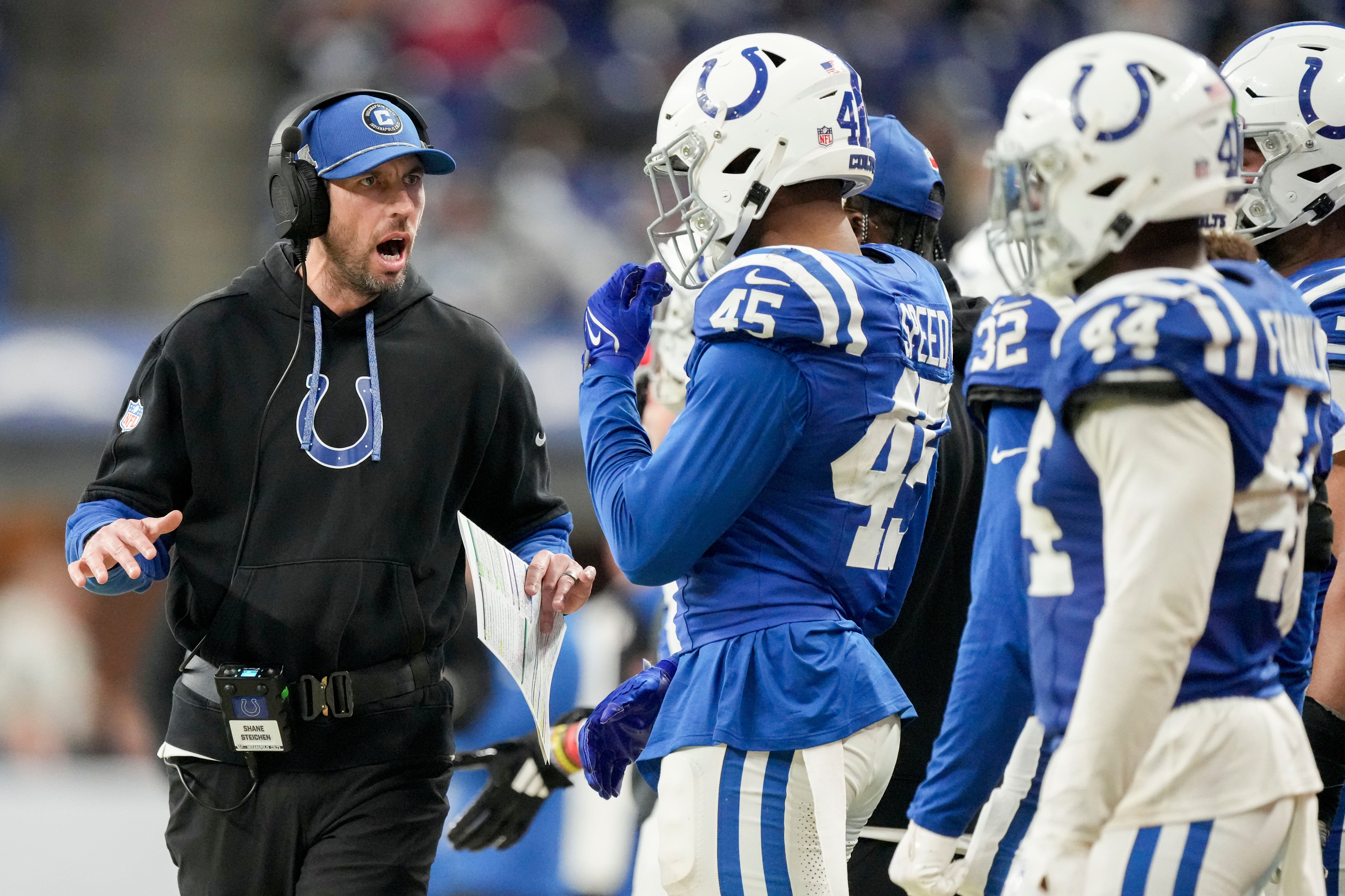 Jan 5, 2025; Indianapolis, Indiana, USA; Indianapolis Colts Head Coach Shane Steichen talks to the team during a game against the Jacksonville Jaguars at Lucas Oil Stadium.
