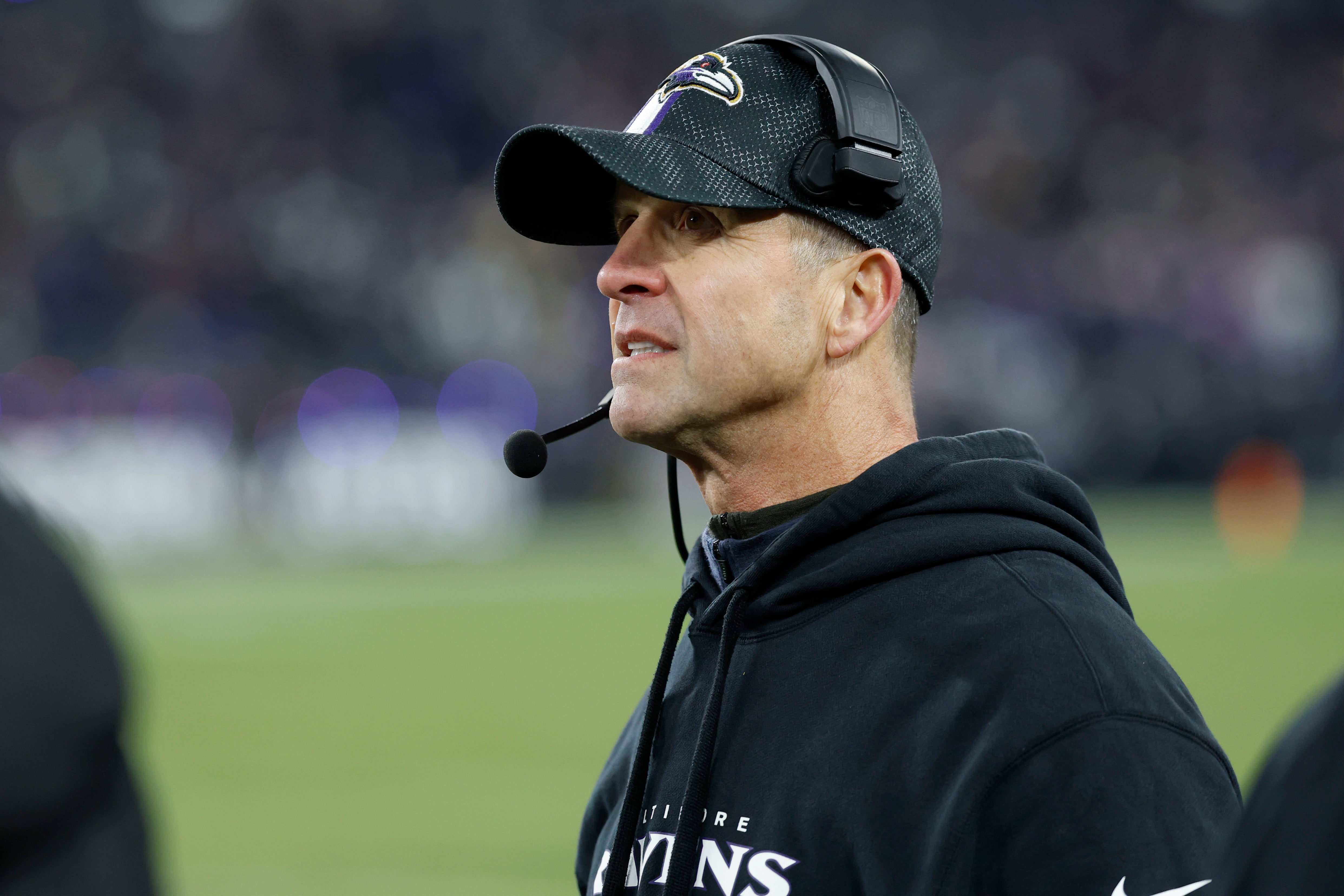 Jan 11, 2025; Baltimore, Maryland, USA; Baltimore Ravens head coach John Harbaugh looks on after defeating the Pittsburgh Steelers in an AFC wild card game at M&T Bank Stadium.