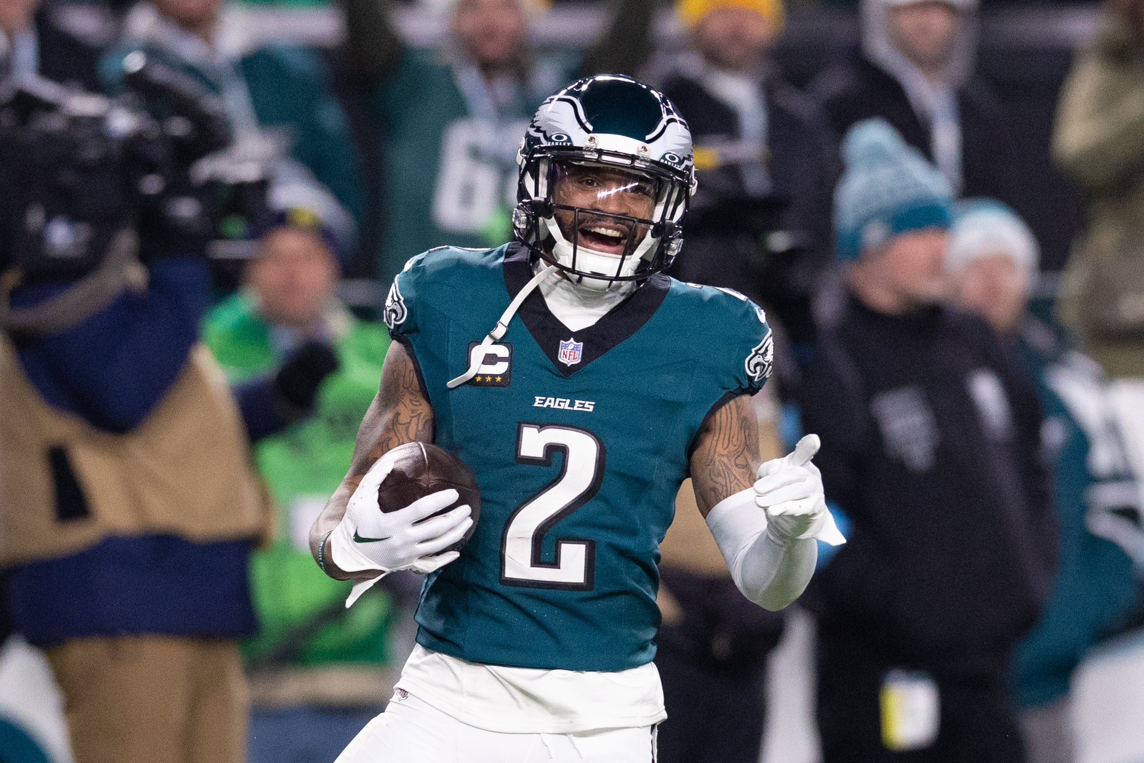 Dec 15, 2024; Philadelphia, Pennsylvania, USA; Philadelphia Eagles cornerback Darius Slay Jr. (2) reacts after his fumble recovery against the Pittsburgh Steelers during the third quarter at Lincoln Financial Field.