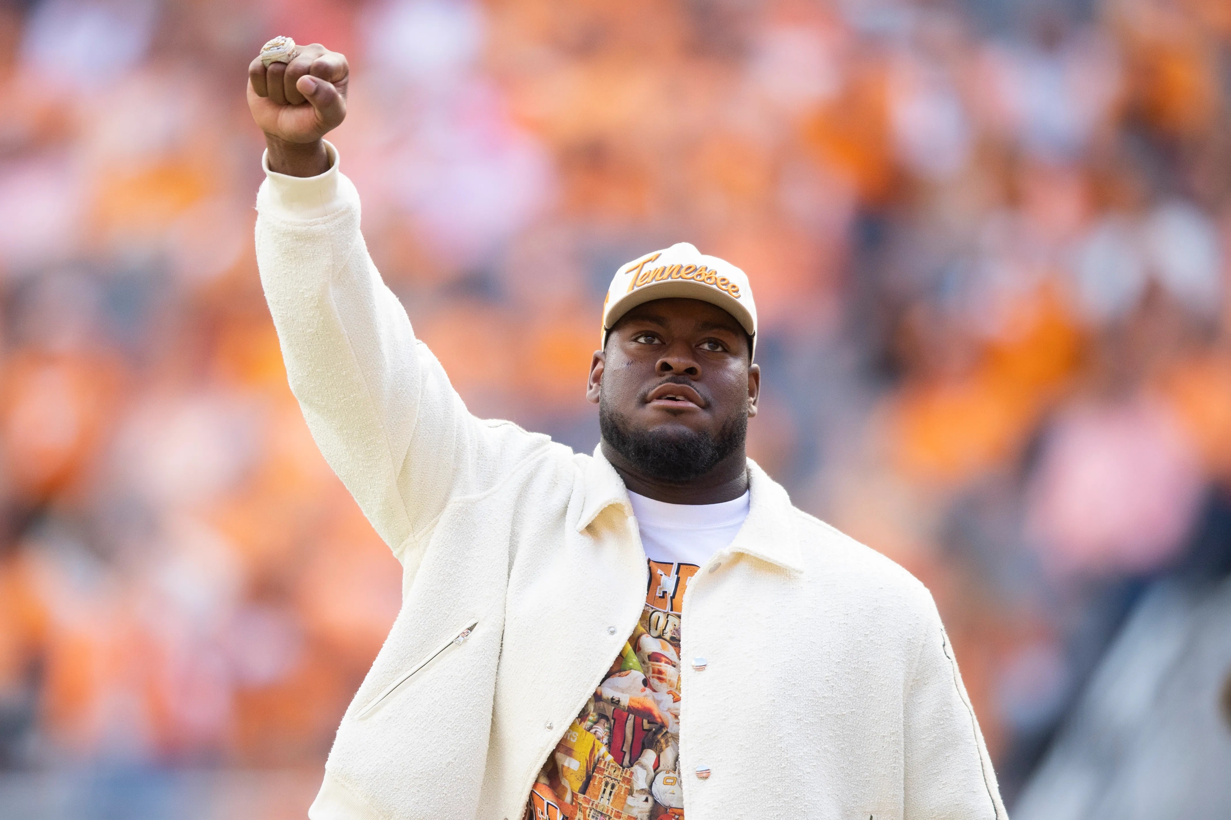 Tennessee alum Trey Smith is honored on the field during a football game between Tennessee and Texas A&M at Neyland Stadium in Knoxville, Tenn., on Saturday, Oct. 14, 2023. Brianna Paciorka-USA TODAY NETWORK