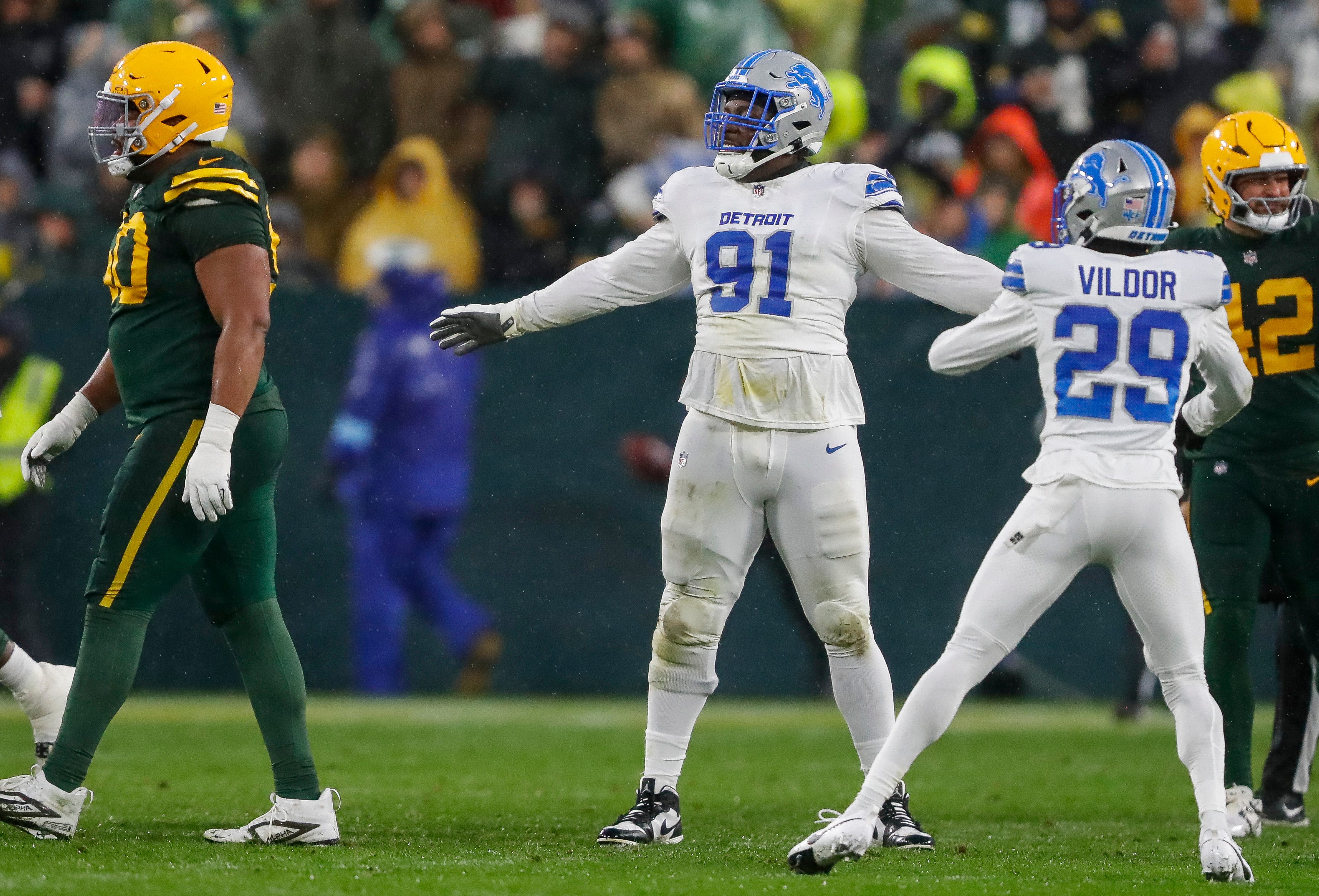 Detroit Lions defensive end Levi Onwuzurike (91) celebrates after a missed field goal attempt by the Green Bay Packers on Sunday, November 3, 2024, at Lambeau Field in Green Bay, Wis. The Lions won the game, 24-14.