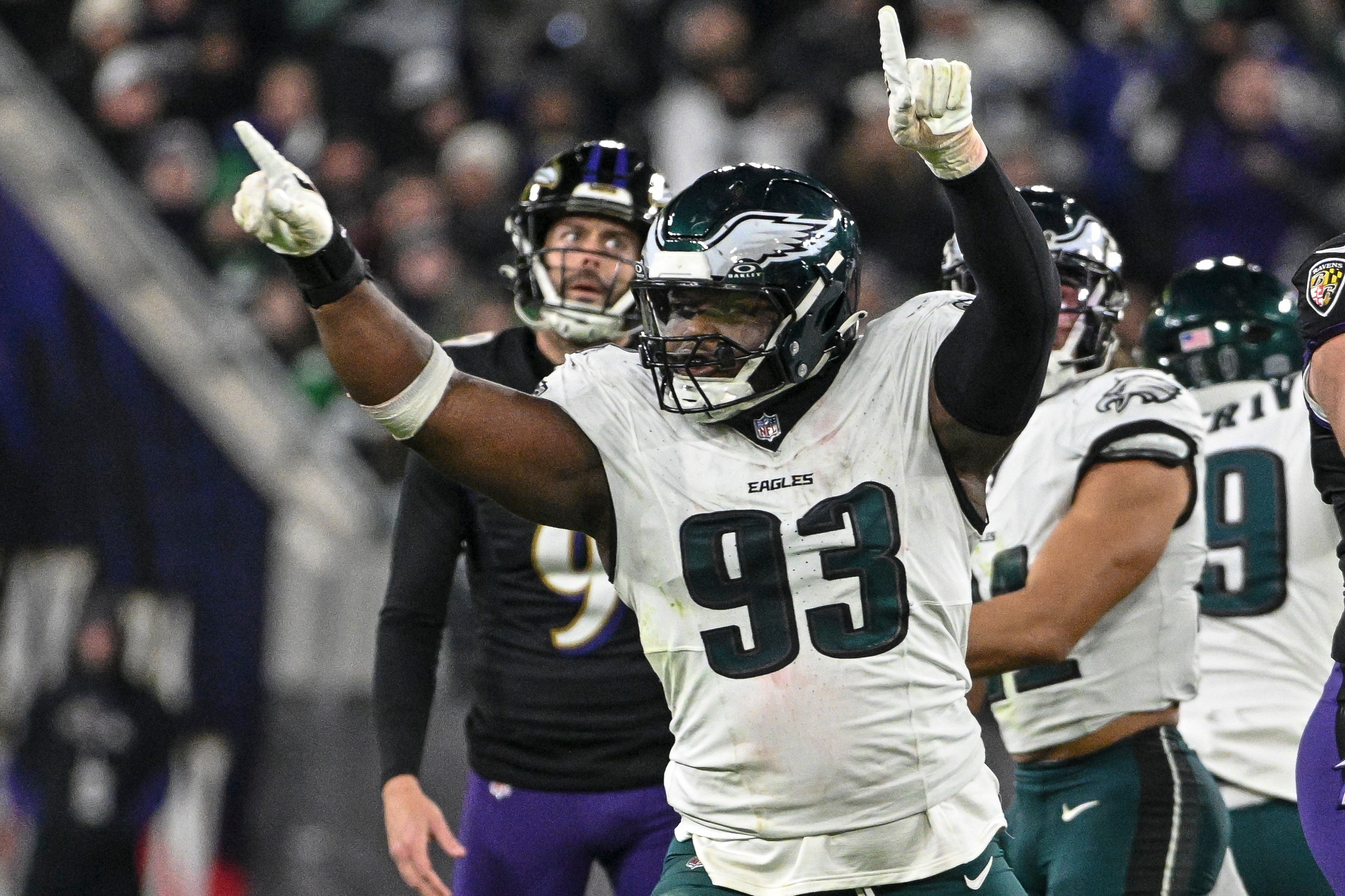 Dec 1, 2024; Baltimore, Maryland, USA; Philadelphia Eagles defensive tackle Milton Williams (93) celebrates as Baltimore Ravens place kicker Justin Tucker (9) reacts to missing a second half field goal at M&T Bank Stadium.