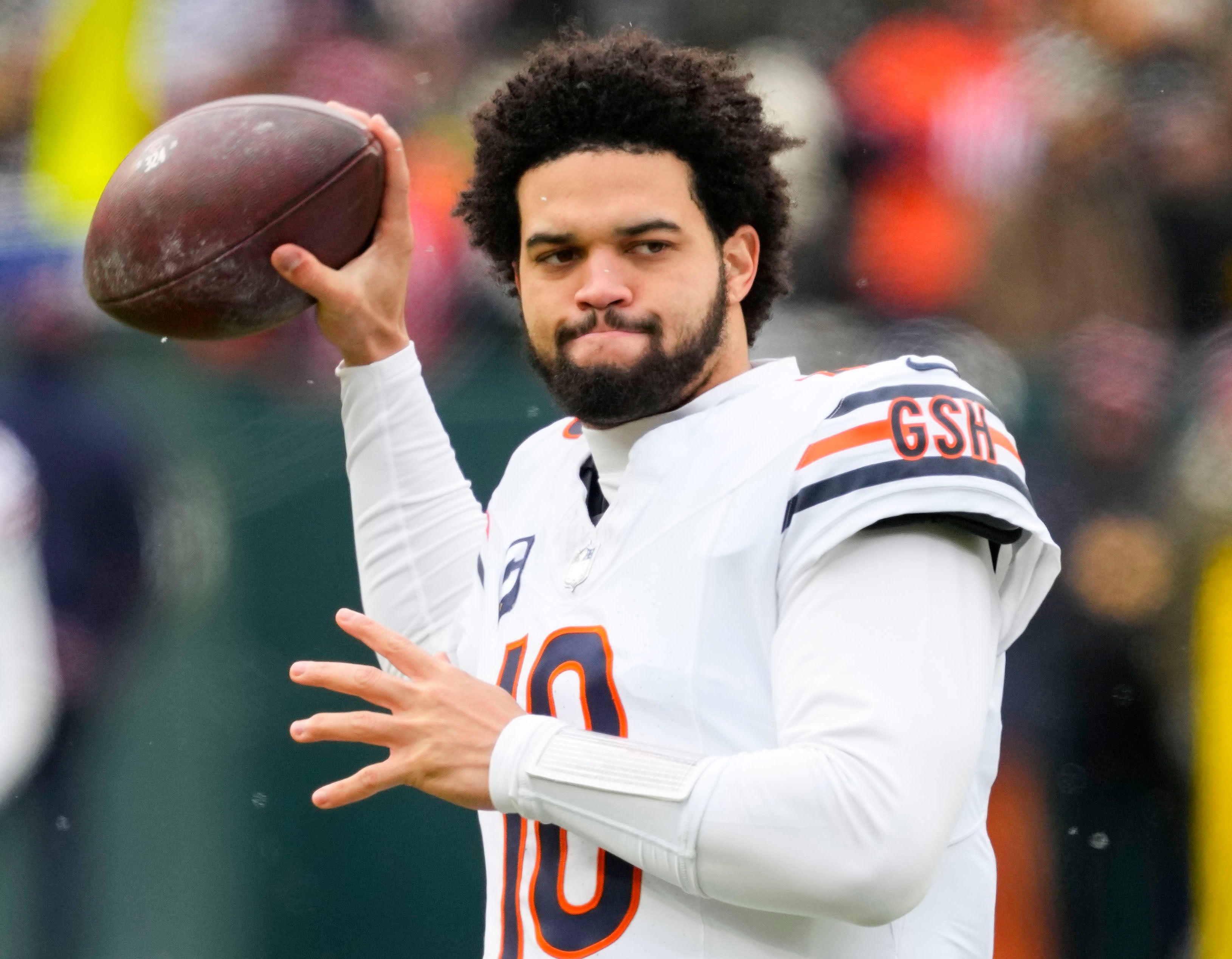 Jan 5, 2025; Green Bay, Wisconsin, USA; Chicago Bears quarterback Caleb Williams (18) during warmups prior to the game against the Green Bay Packers at Lambeau Field.