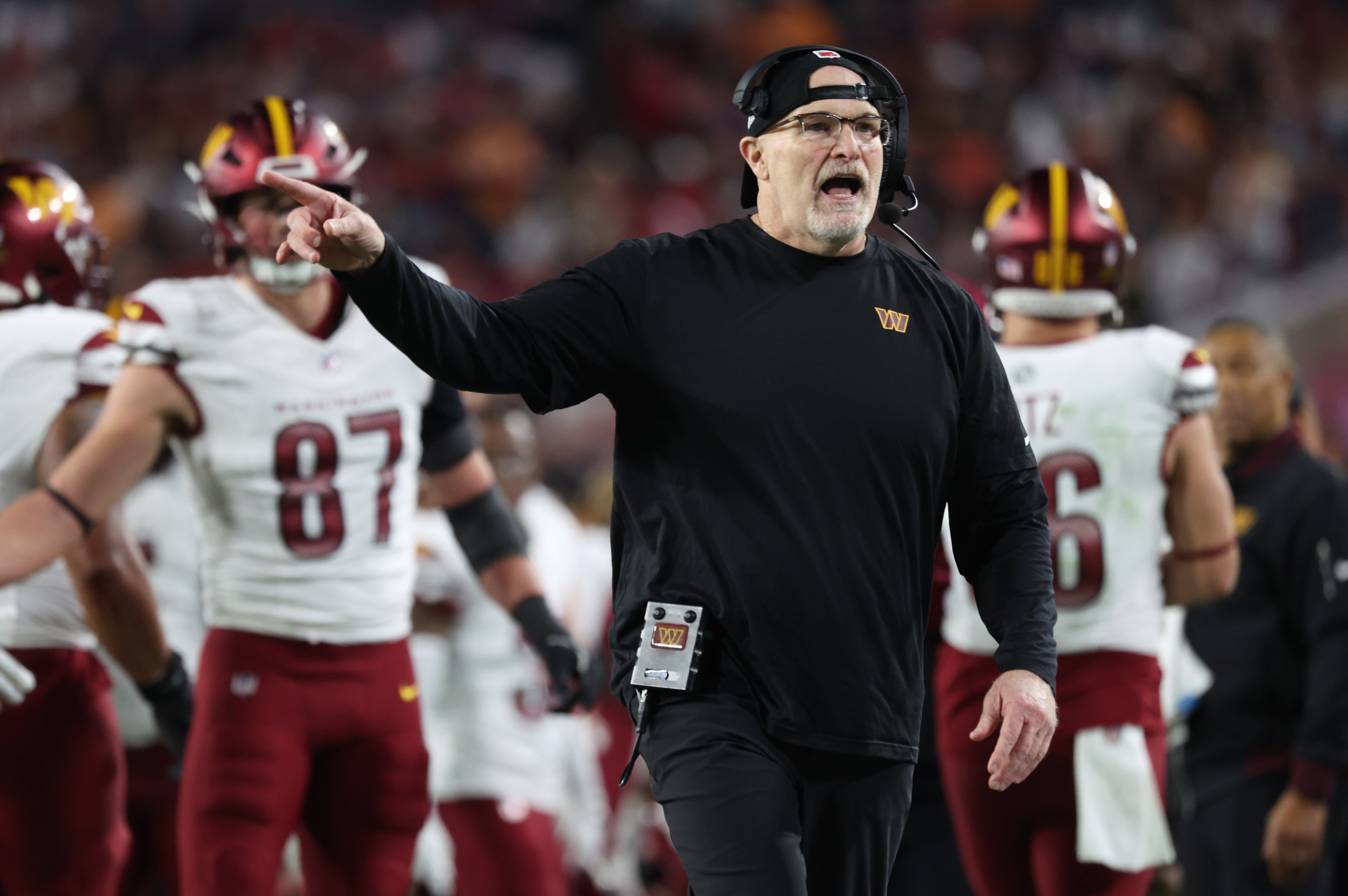 Jan 12, 2025; Tampa, Florida, USA; Washington Commanders head coach Dan Quinn during the fourth quarter of a NFC wild card playoff against the Tampa Bay Buccaneers at Raymond James Stadium.