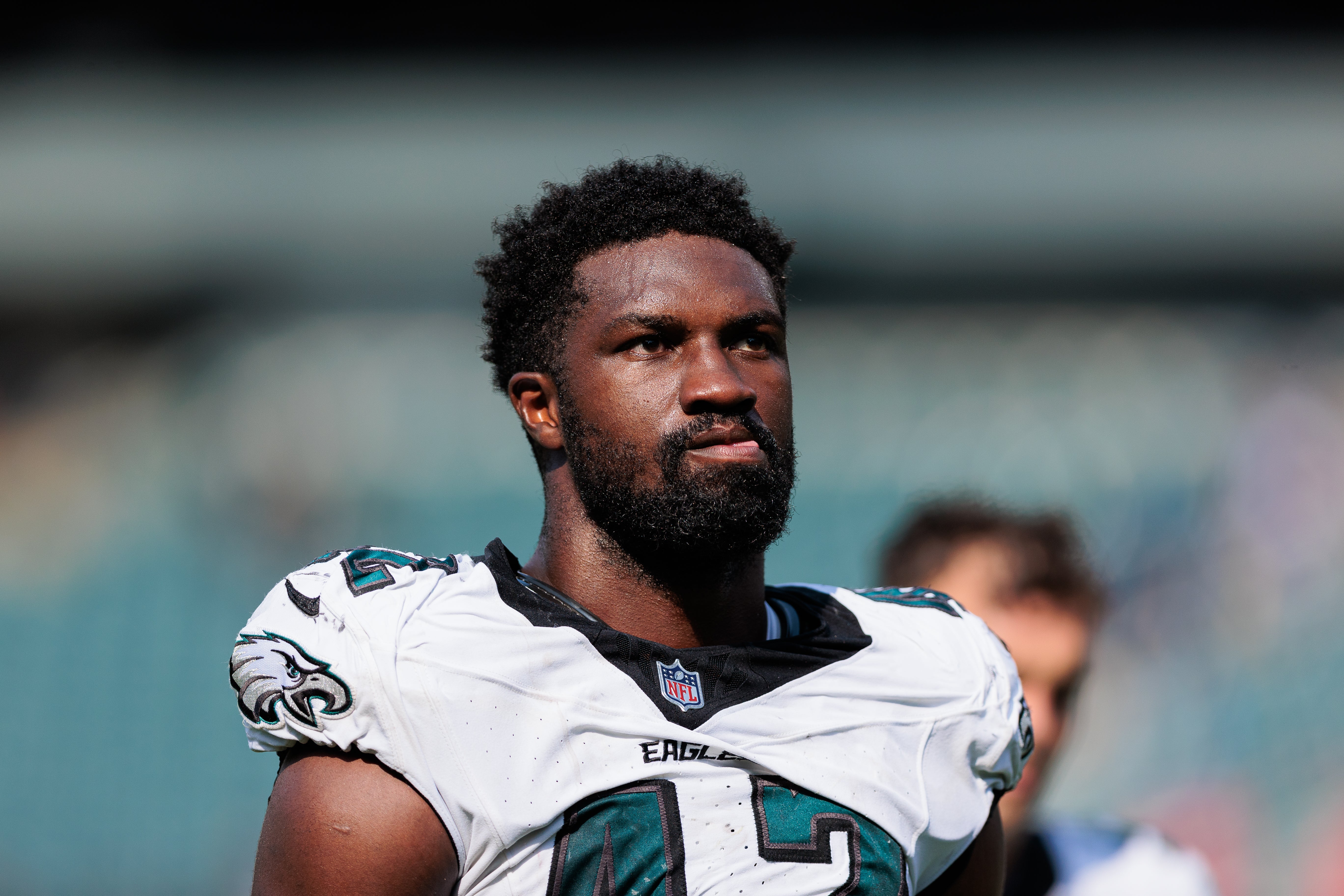 Philadelphia Eagles linebacker Oren Burks (42) walks off the field after the game against the Minnesota Vikings at Lincoln Financial Field.