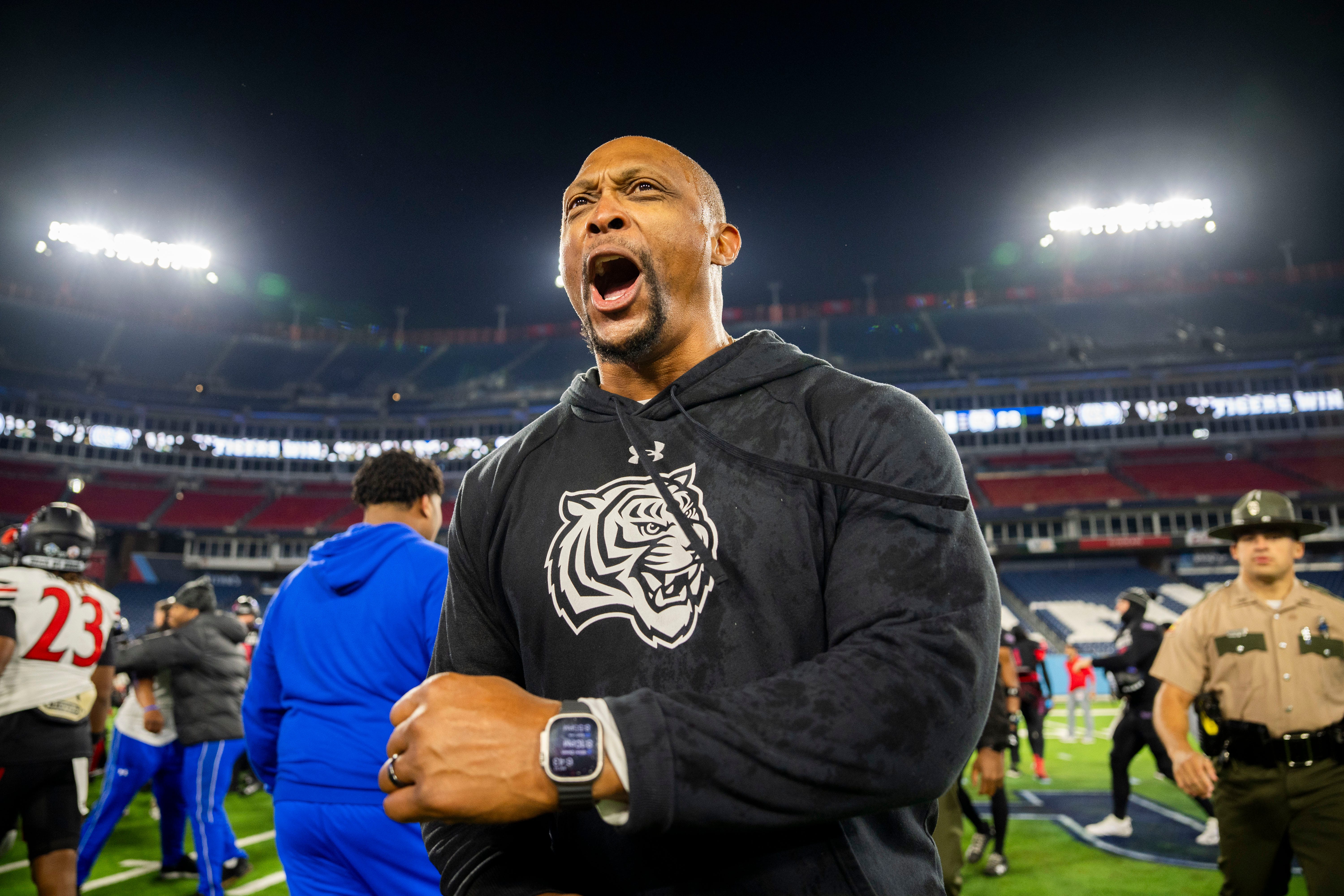 Tennessee State head coach Eddie George reacts after his win against Southeast Missouri State for the 2024 Big South-OVC Championship at Nissan Stadium in Nashville, Tenn., Saturday, Nov. 23, 2024.