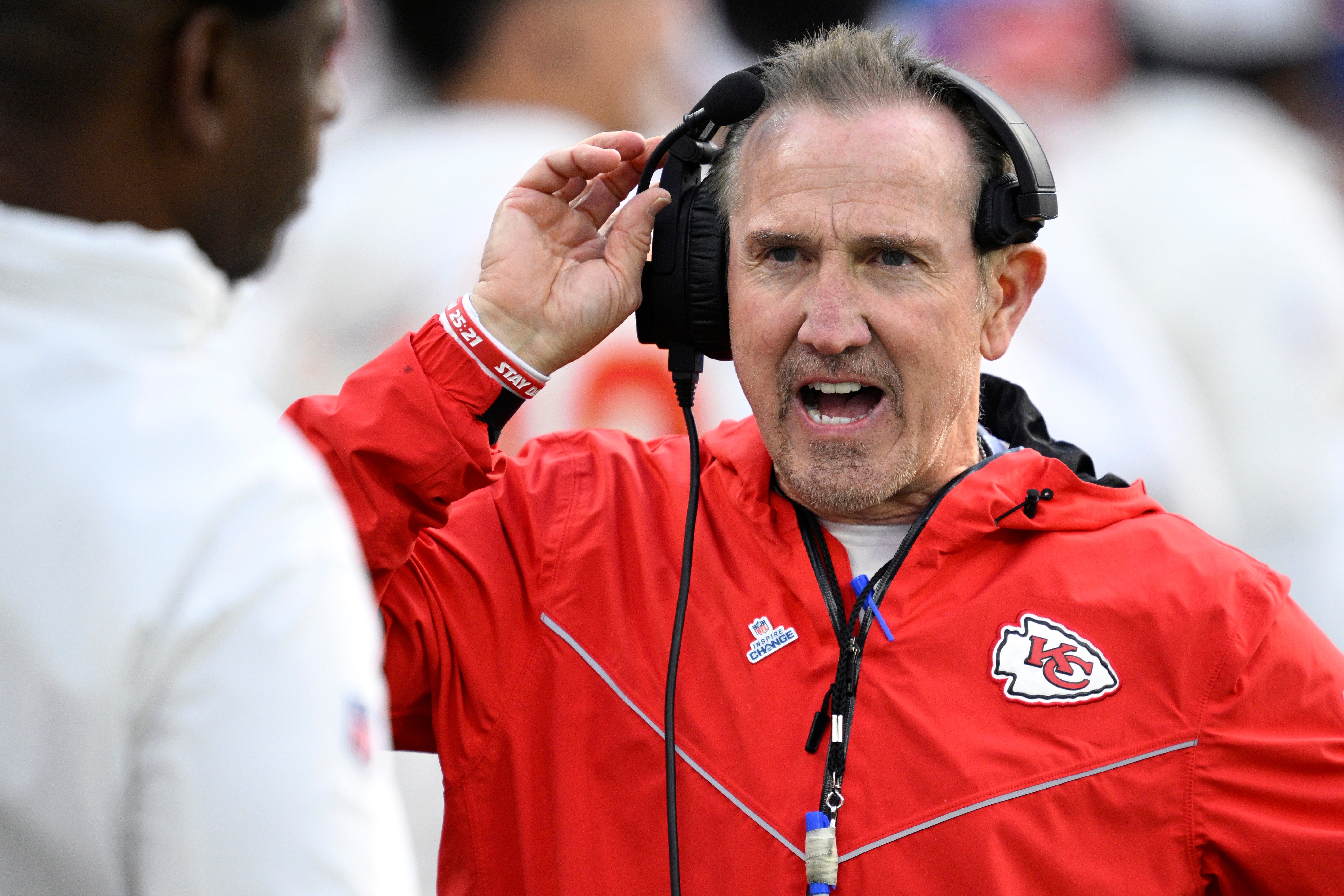 Jan 7, 2024; Inglewood, California, USA; Kansas City Chiefs defensive coordinator Steve Spagnuolo looks on during the first half against the Los Angeles Chargers at SoFi Stadium.