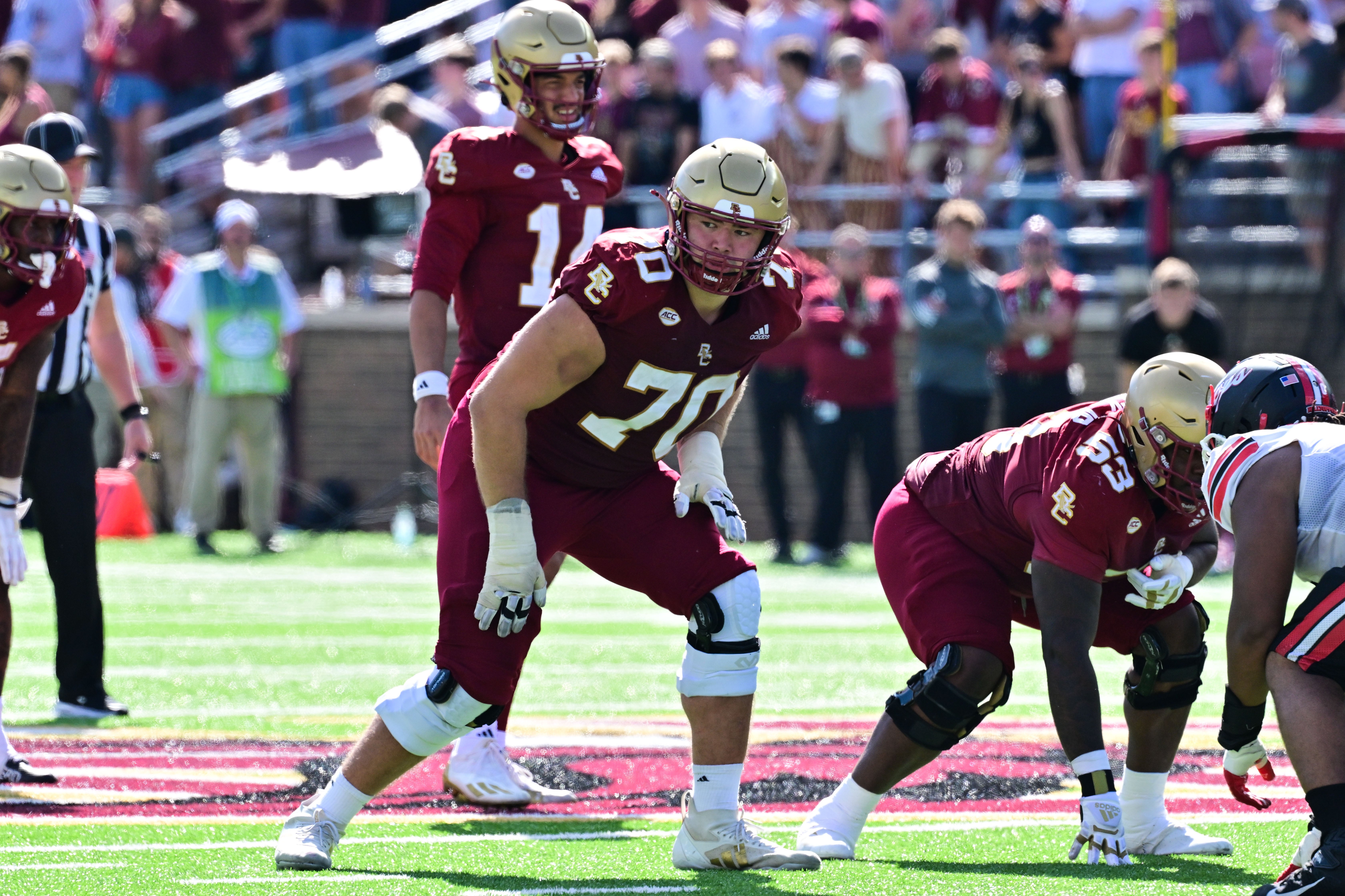 Sep 28, 2024; Chestnut Hill, Massachusetts, USA; Boston College Eagles offensive lineman Ozzy Trapilo (70) waits for the snap during the second half against the Western Kentucky Hilltoppers at Alumni Stadium.