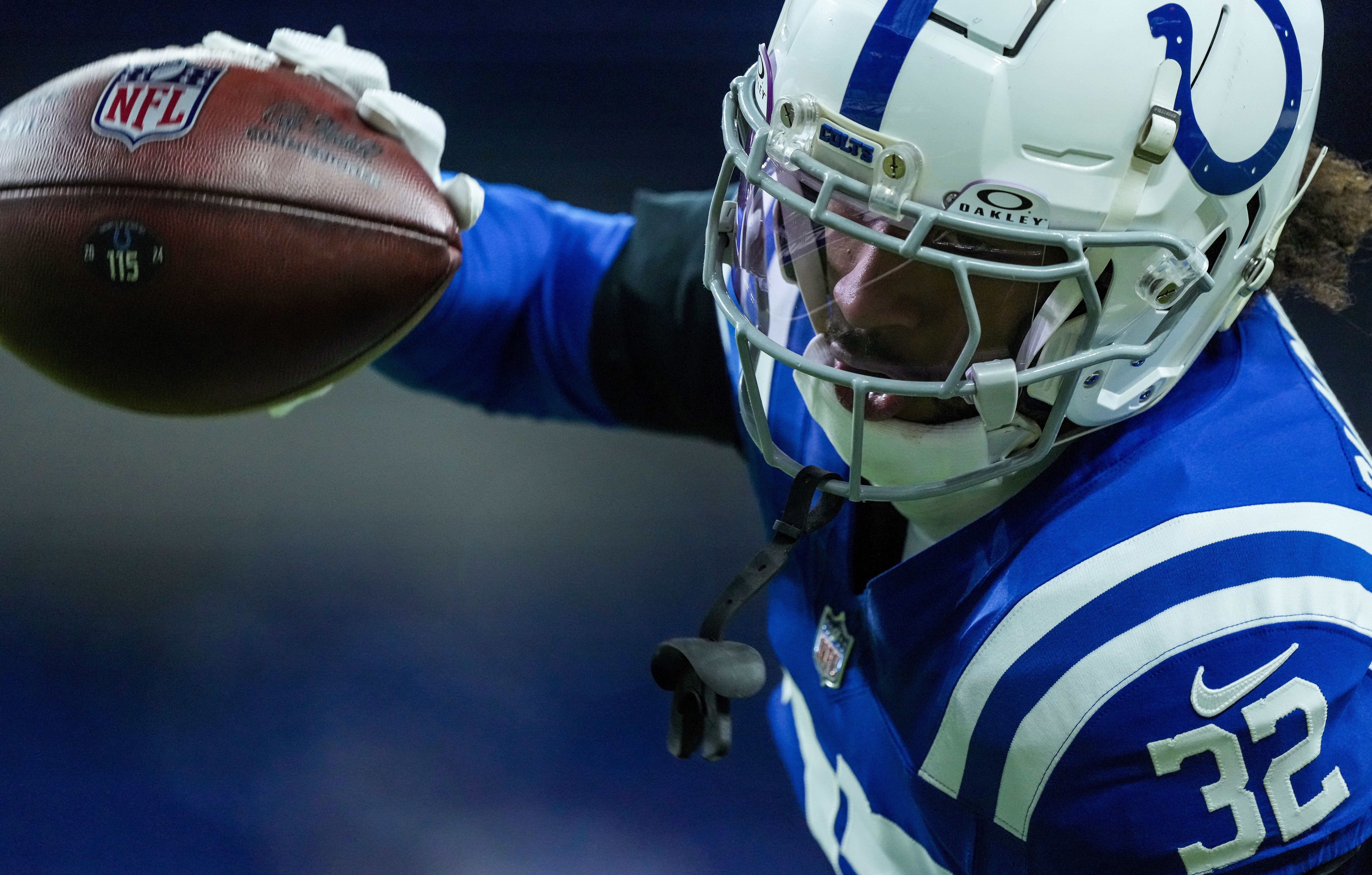 Indianapolis Colts safety Julian Blackmon (32) catches the ball Sunday, Jan. 5, 2025, during pregame warm-up at Lucas Oil Stadium in Indianapolis.