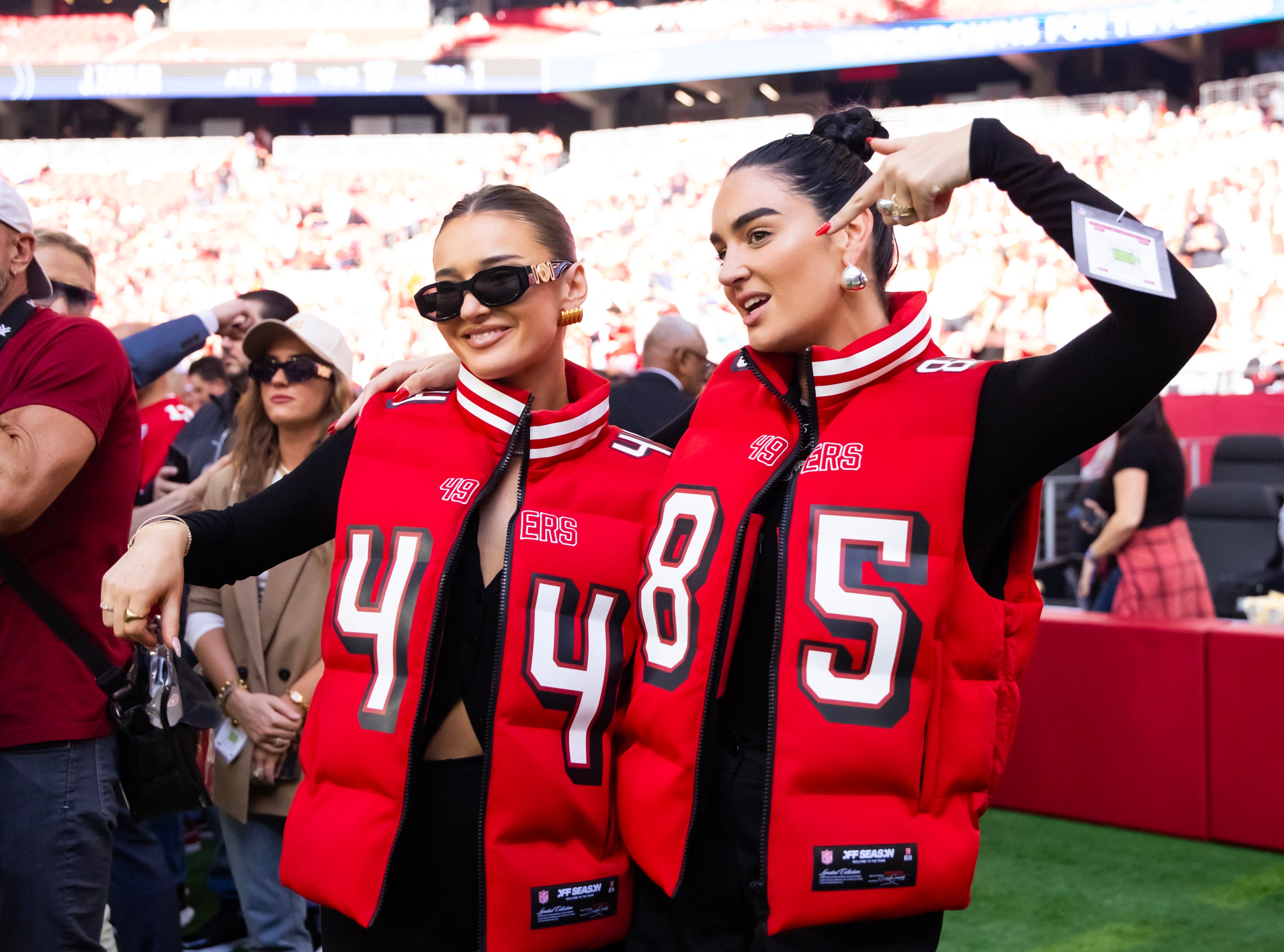 Kristin Juszczyk (left) with Claire Kittle prior to the San Francisco 49ers game against the Arizona Cardinals at State Farm Stadium.