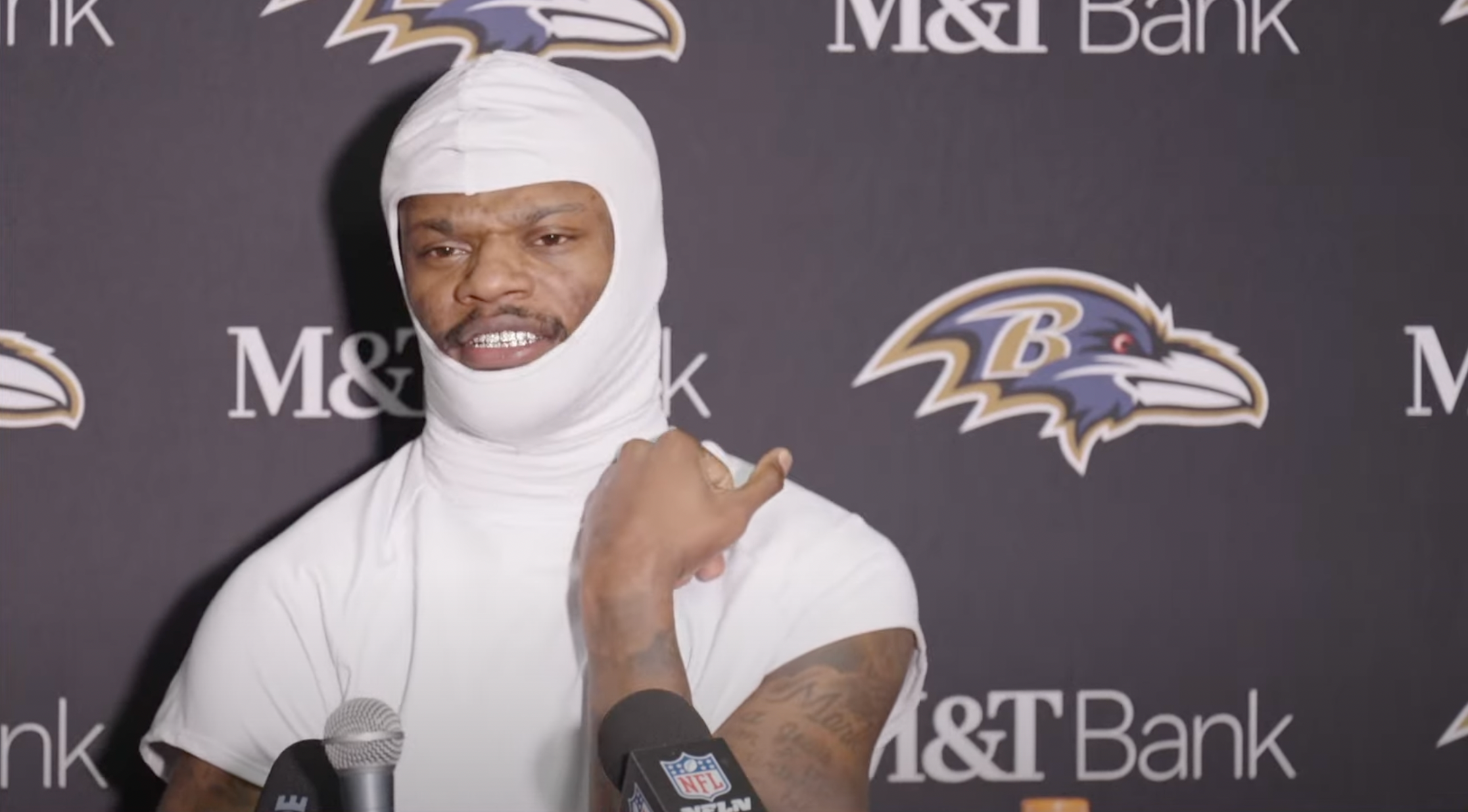 Baltimore Ravens QB Lamar Jackson addresses the media following 25-27 loss against Buffalo Bills