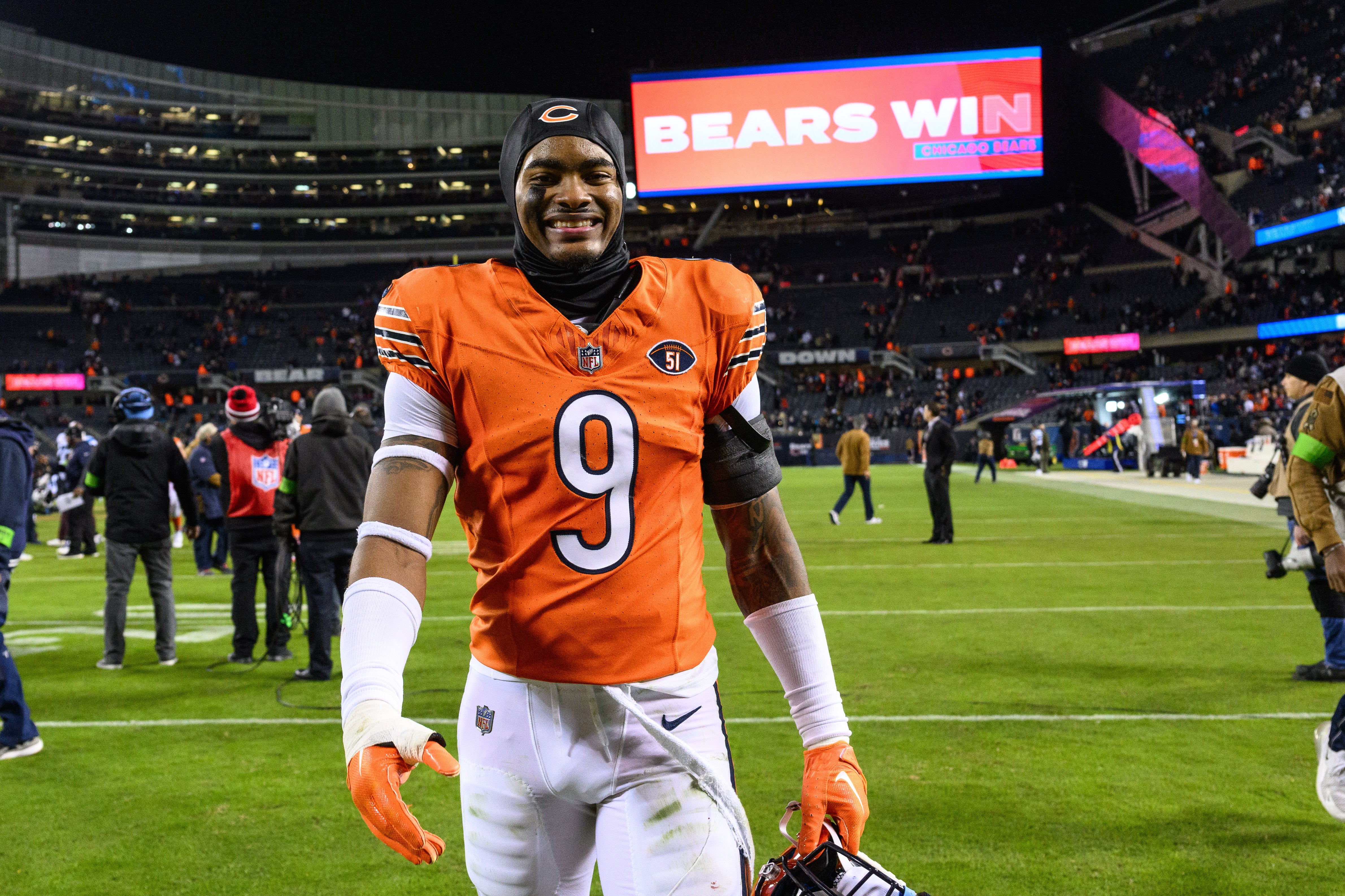 Nov 9, 2023; Chicago, Illinois, USA; Chicago Bears strong safety Jaquan Brisker (9) walks off the field after a game against the Carolina Panthers at Soldier Field.