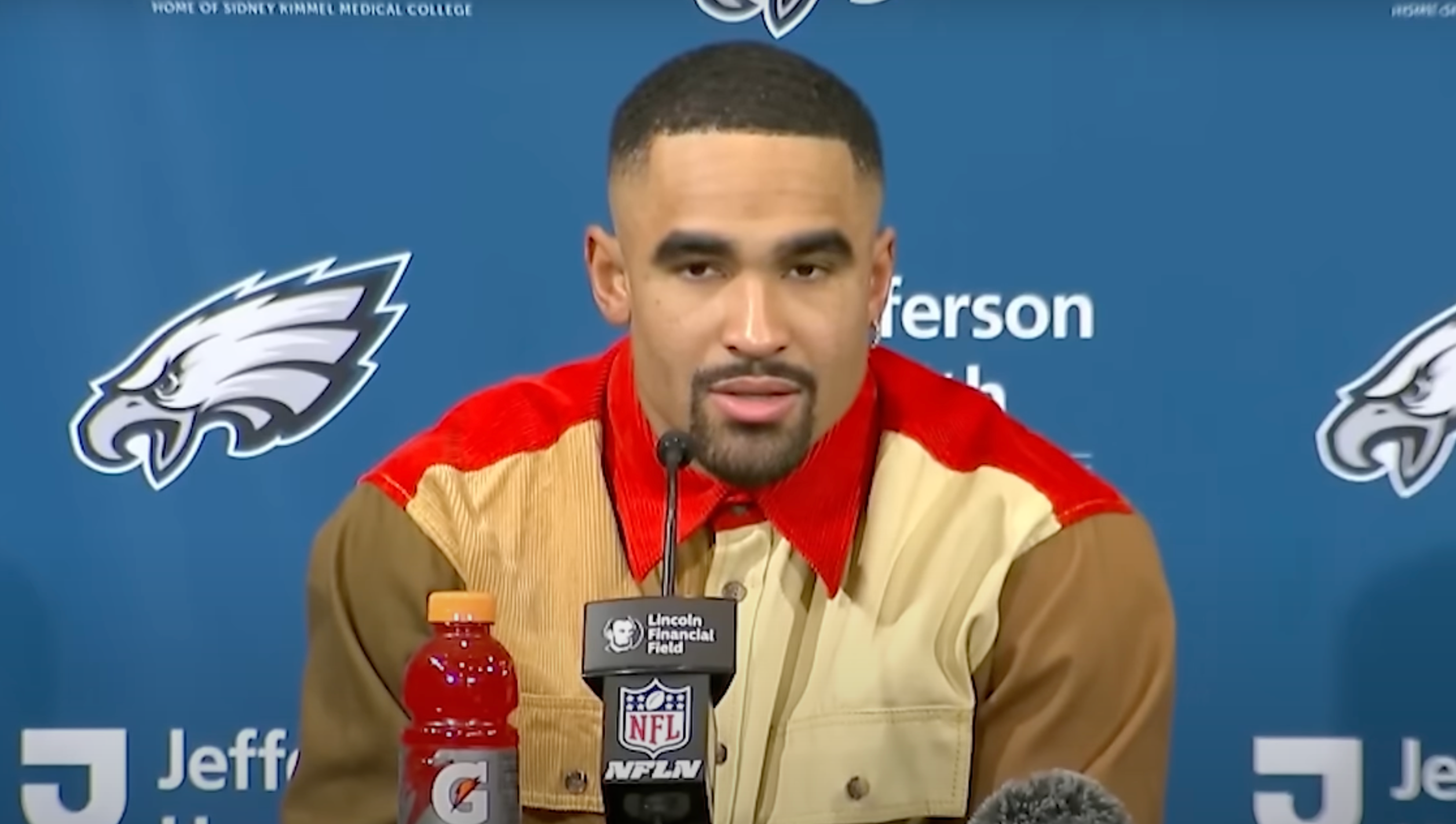 Philadelphia Eagles quarterback Jalen Hurts speaks to reporters following divisional-round win over Los Angeles Rams.