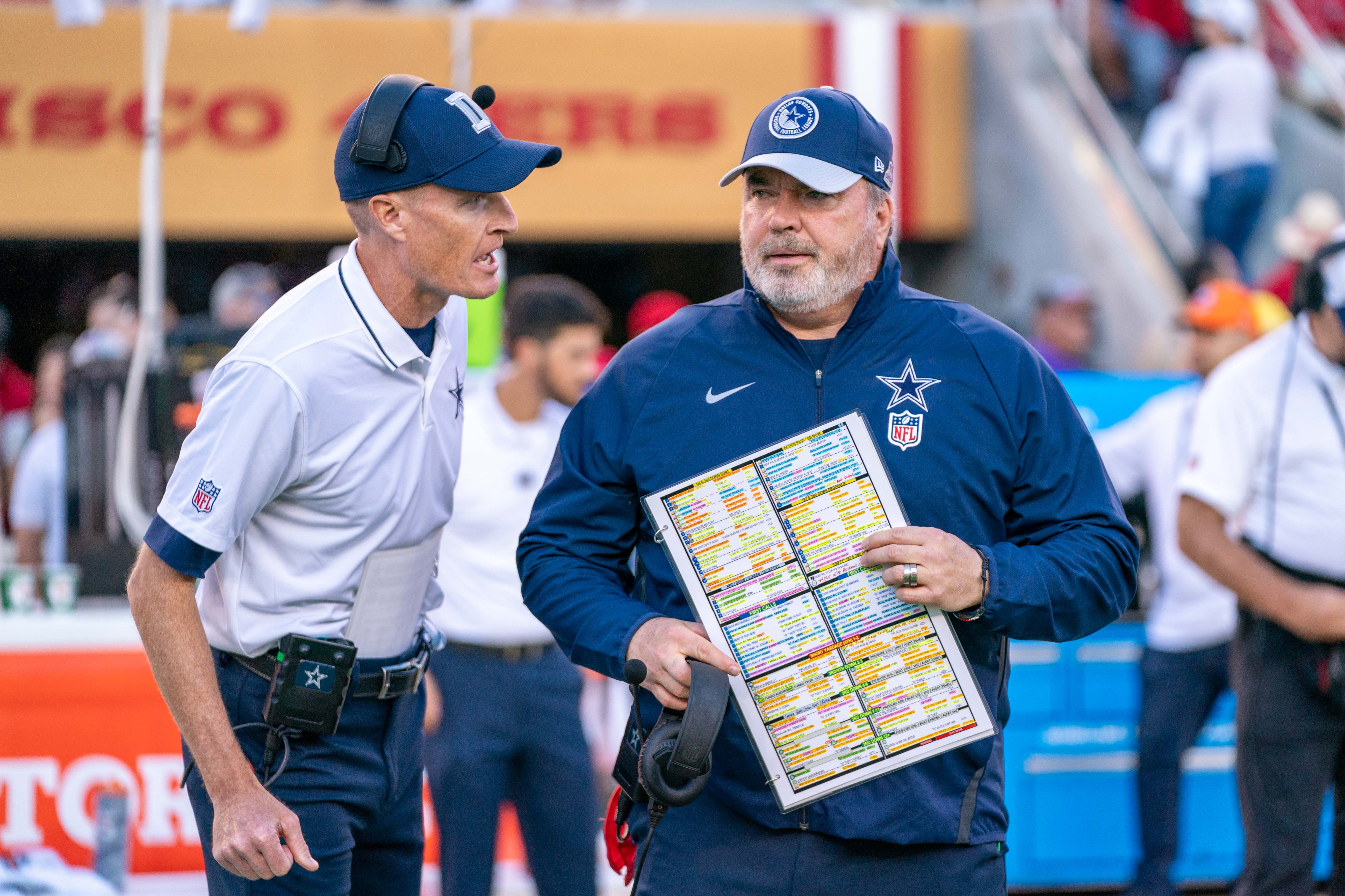 October 8, 2023; Santa Clara, California, USA; Dallas Cowboys special teams coordinator John Fassel (left) and head coach Mike McCarthy (right) before the game against the San Francisco 49ers at Levi's Stadium.