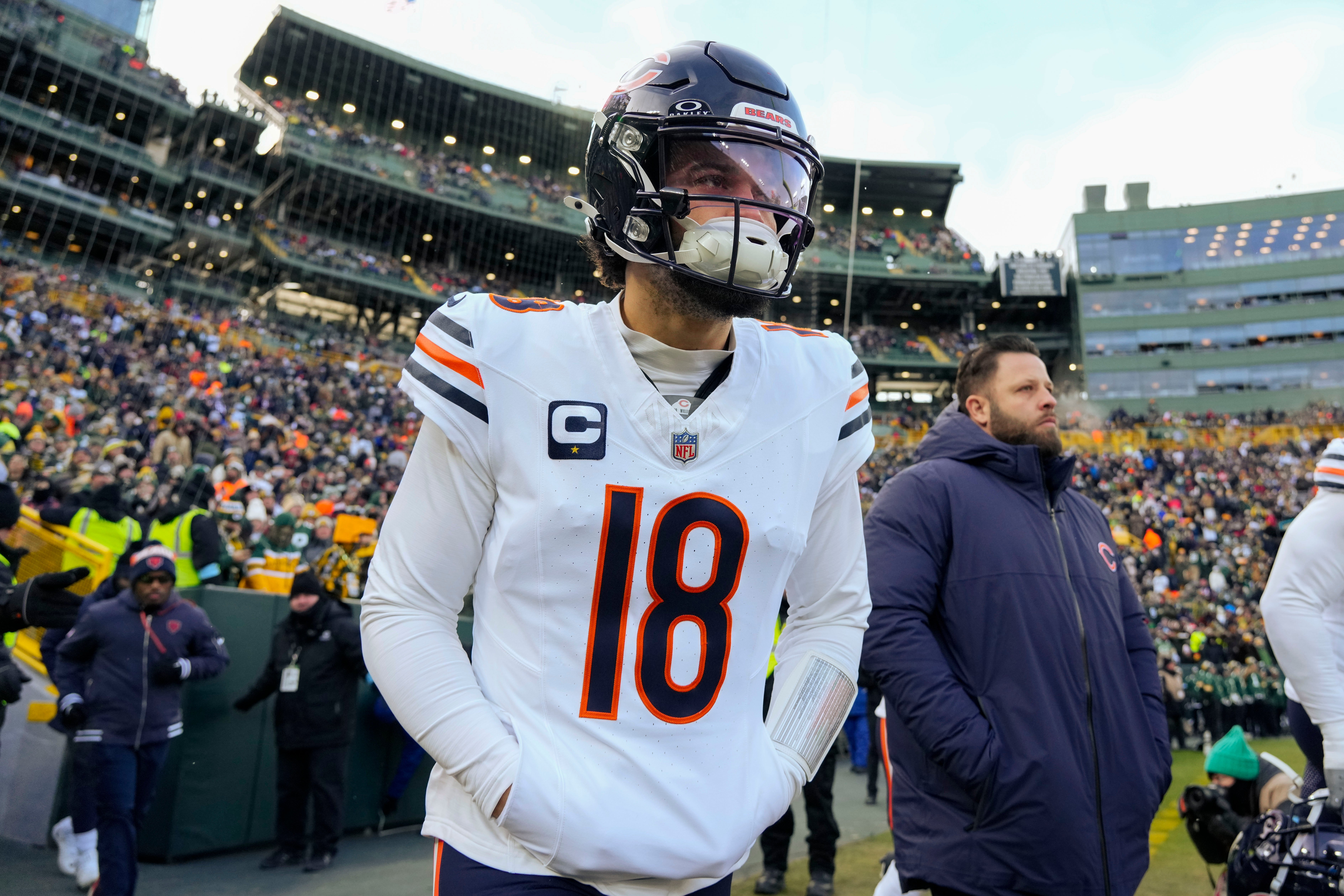 Jan 5, 2025; Green Bay, Wisconsin, USA; Chicago Bears quarterback Caleb Williams (18) prior to the game against the Green Bay Packers at Lambeau Field.