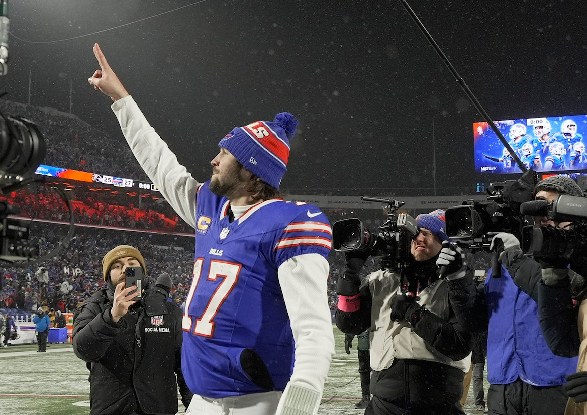 Buffalo Bills quarterback Josh Allen points to the crowd and yells as he leaves the field at Highmark Stadium in Orchard Park on Jan. 19, 2025.