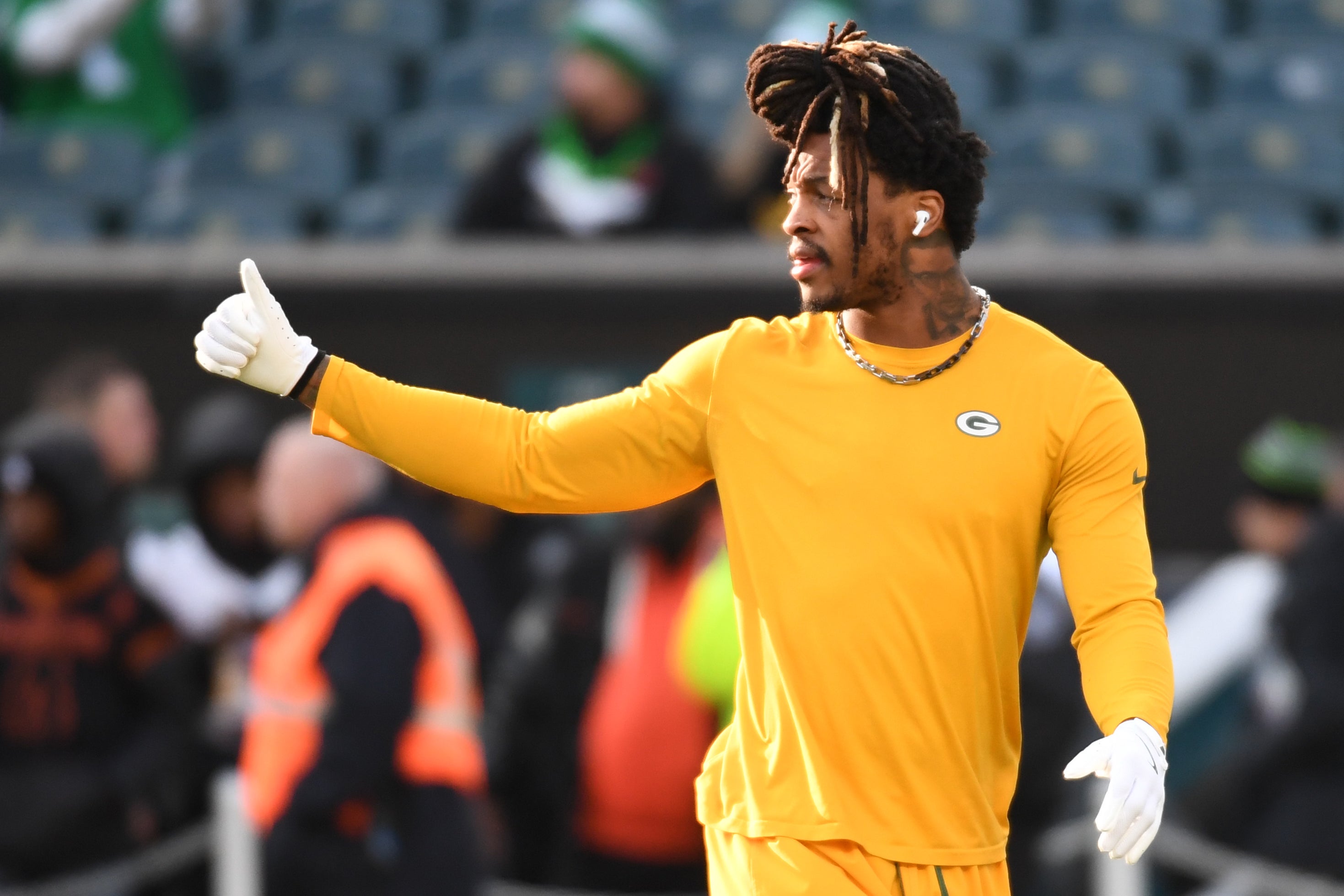 Green Bay Packers safety Xavier McKinney (29) during warmups against the Philadelphia Eagles in an NFC wild card game at Lincoln Financial Field.