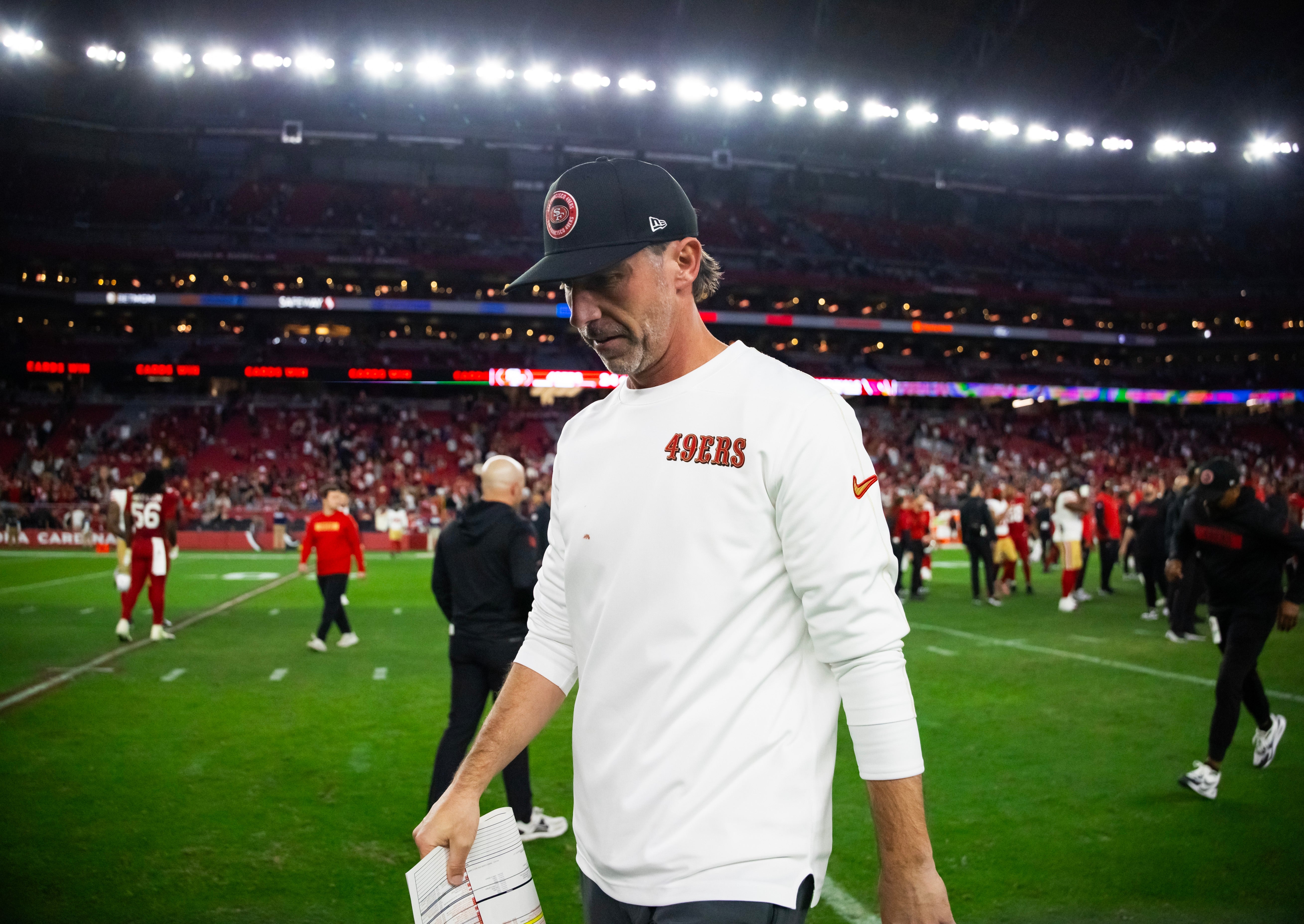 San Francisco 49ers head coach Kyle Shanahan reacts after losing to the Arizona Cardinals at State Farm Stadium.