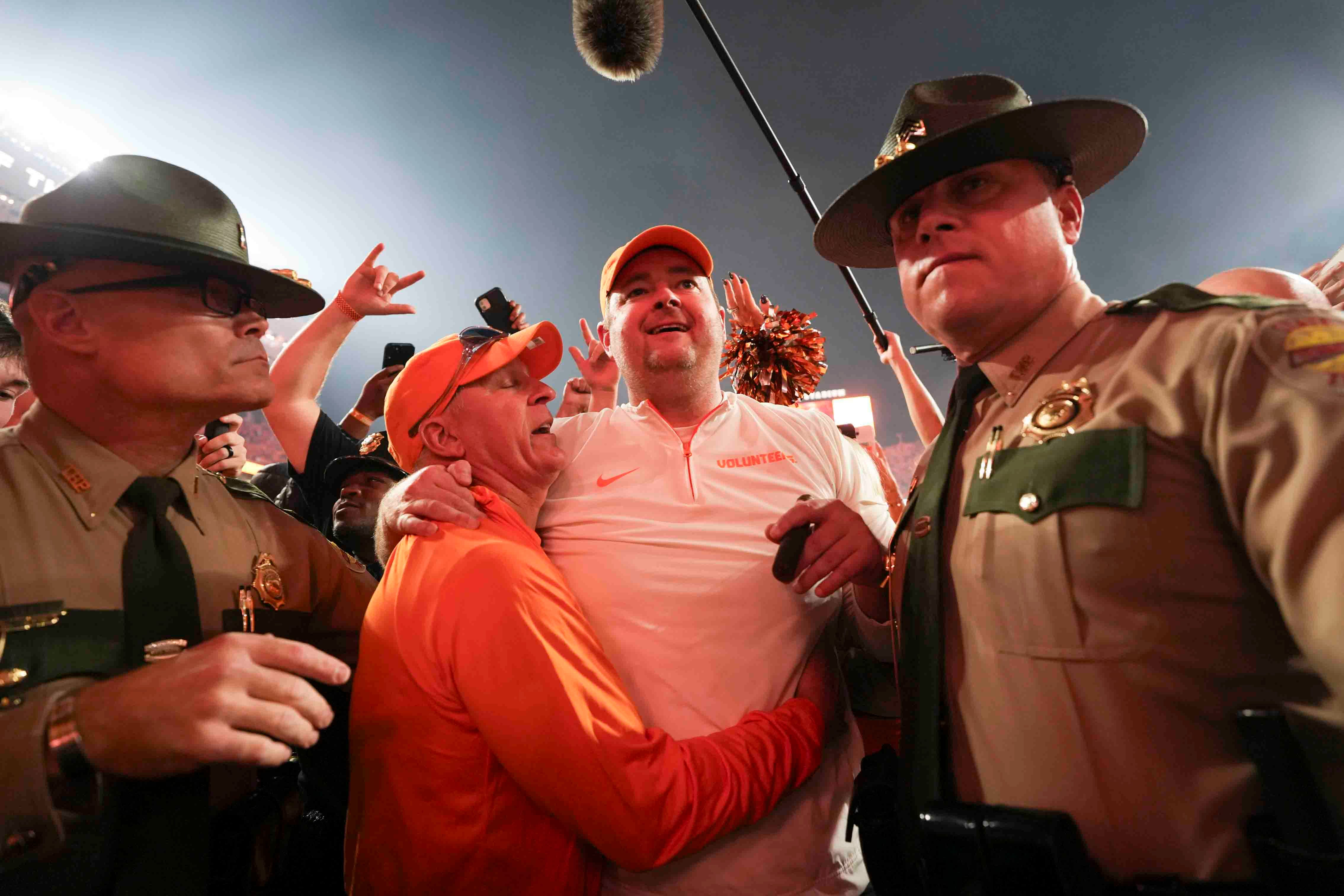 Josh Heupel exits the field after winning a game between Tennessee and Alabama at Neyland Stadium in Knoxville, Tenn., Saturday, Oct. 19, 2024.