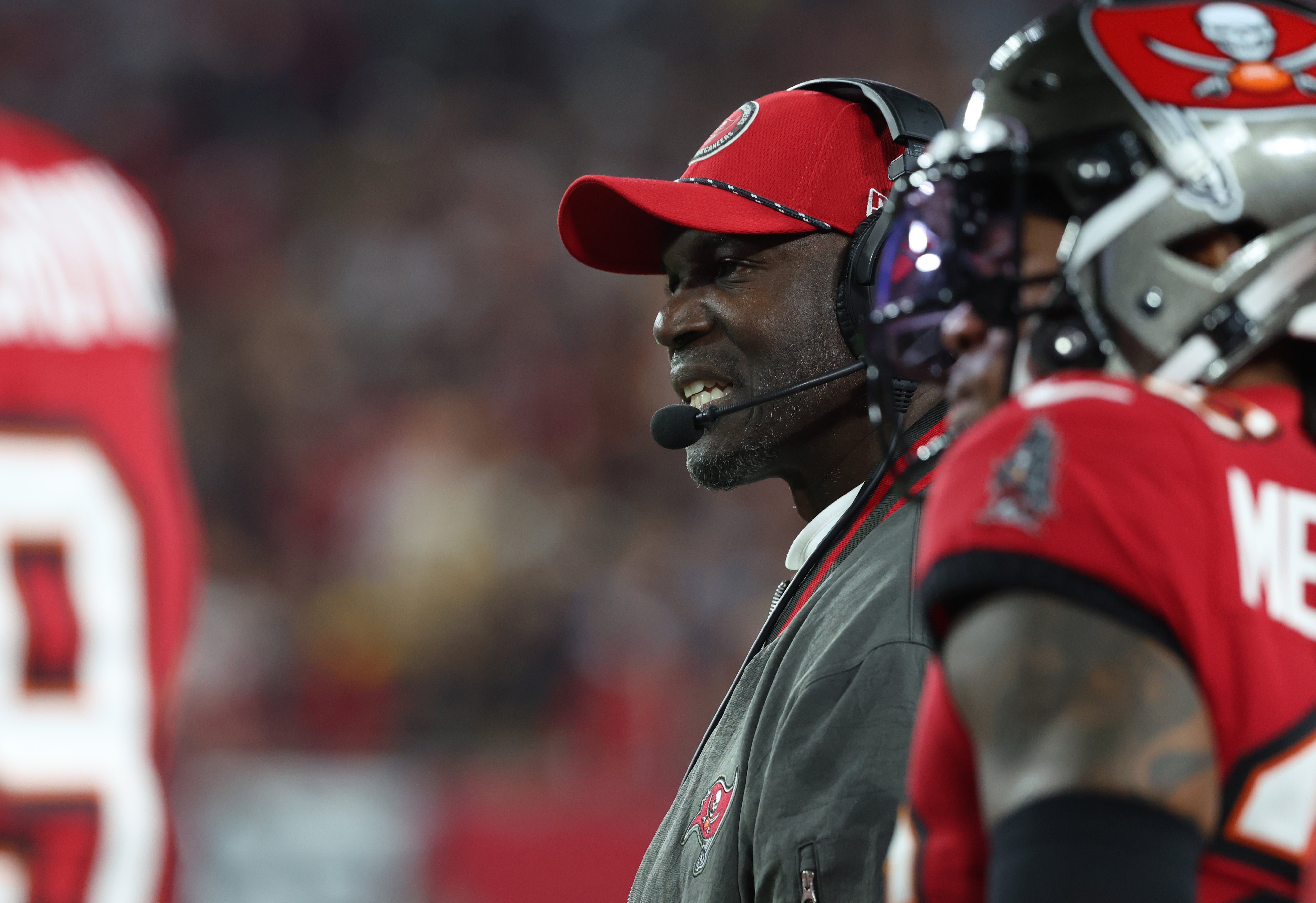 Jan 12, 2025; Tampa, Florida, USA; Tampa Bay Buccaneers head coach Todd Bowles during the first quarter of a NFC wild card playoff against the Washington Commanders at Raymond James Stadium.