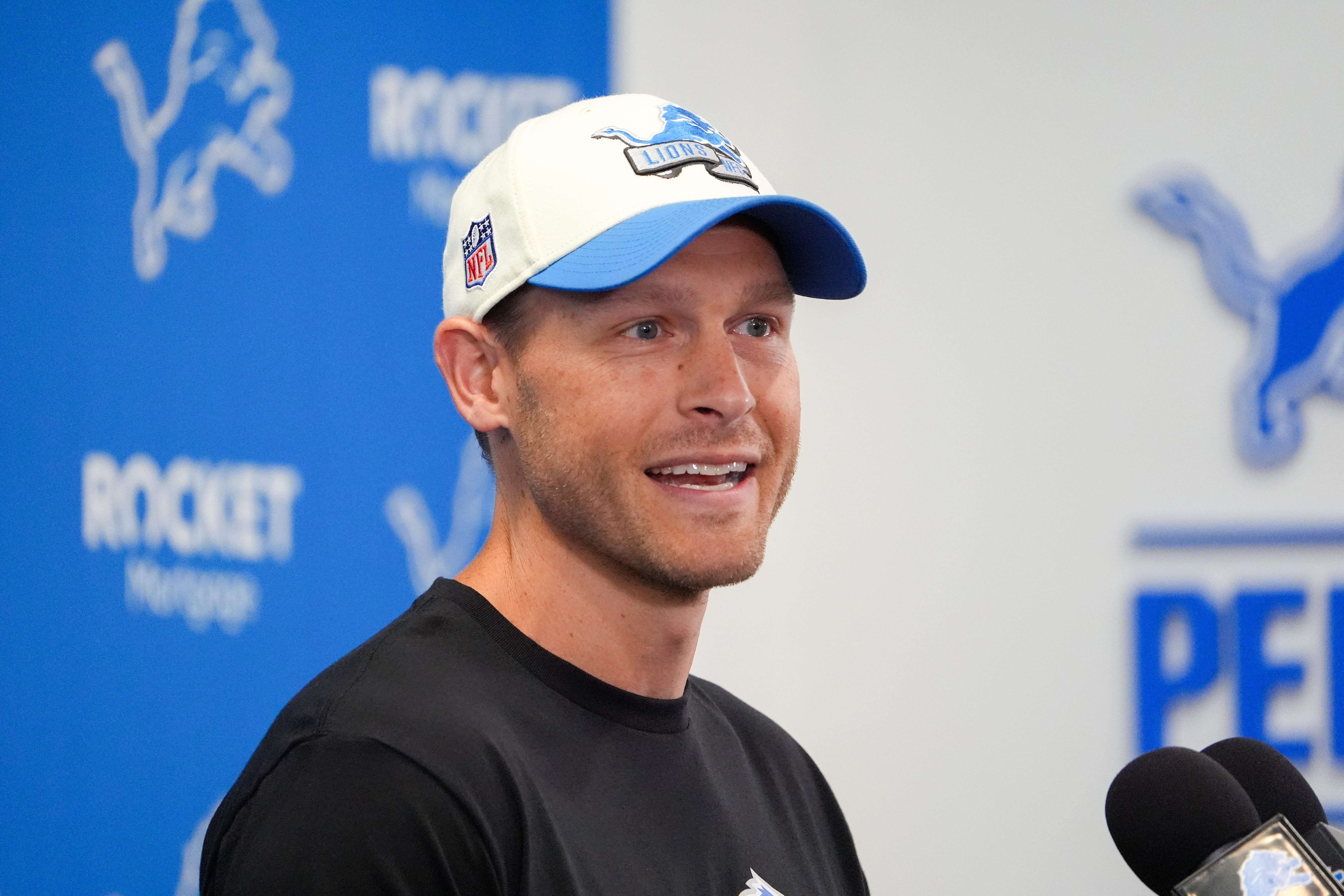 Offensive Coordinator Ben Johnson speaks to the media during the Detroit Lions training camp at the Lions headquarters in Allen Park, Mich. on Thursday, Aug. 1, 2024.