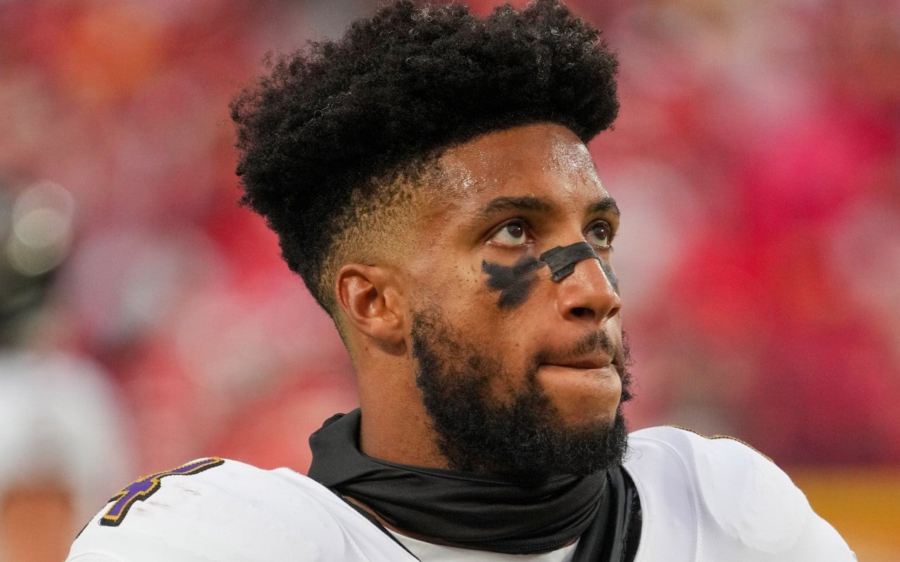 Sep 5, 2024; Kansas City, Missouri, USA; Baltimore Ravens cornerback Marlon Humphrey (44) on field against the Kansas City Chiefs prior to a game at GEHA Field at Arrowhead Stadium.