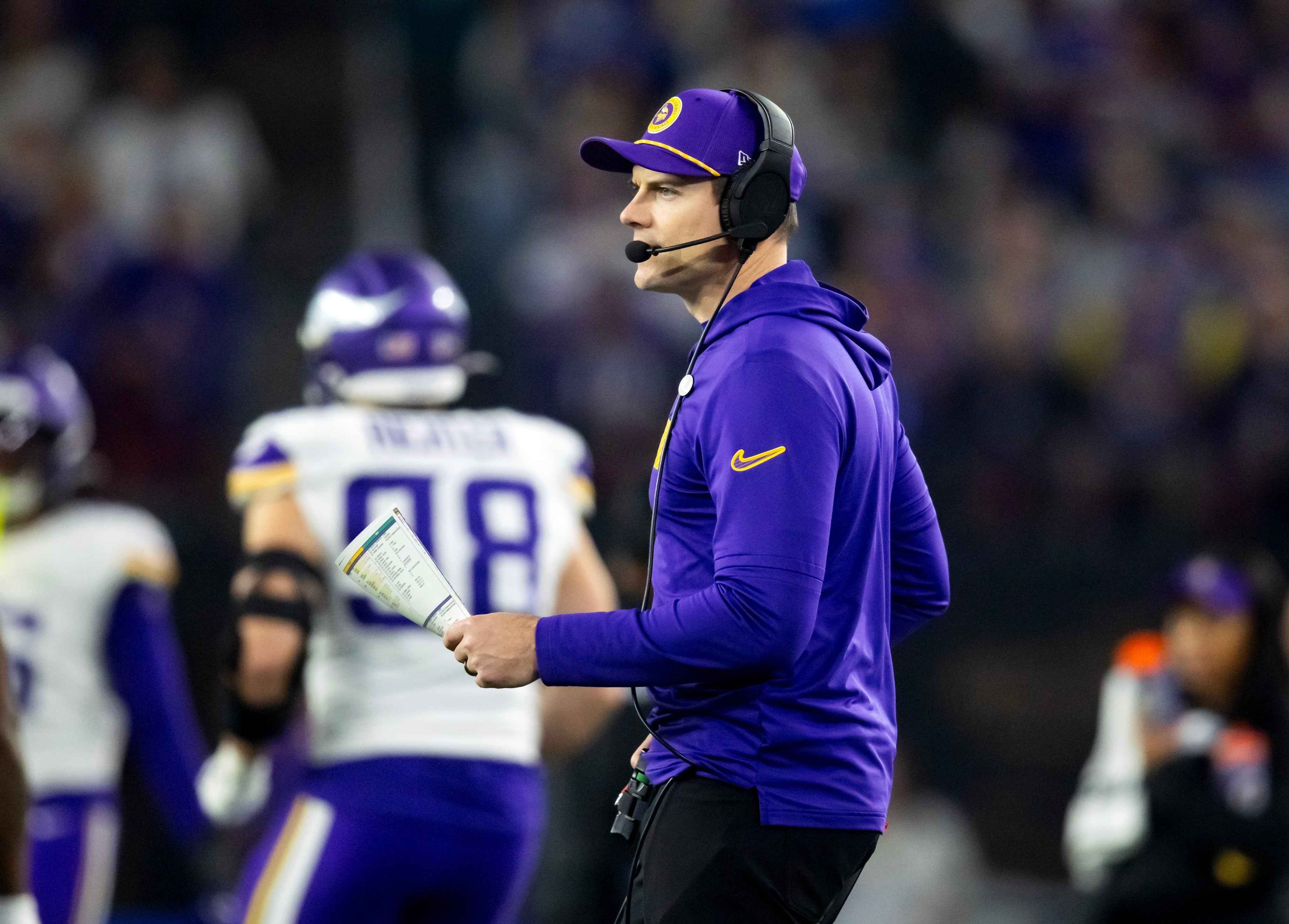 Jan 13, 2025; Glendale, AZ, USA; Minnesota Vikings head coach Kevin O'Connell against the Los Angeles Rams during an NFC wild card game at State Farm Stadium.