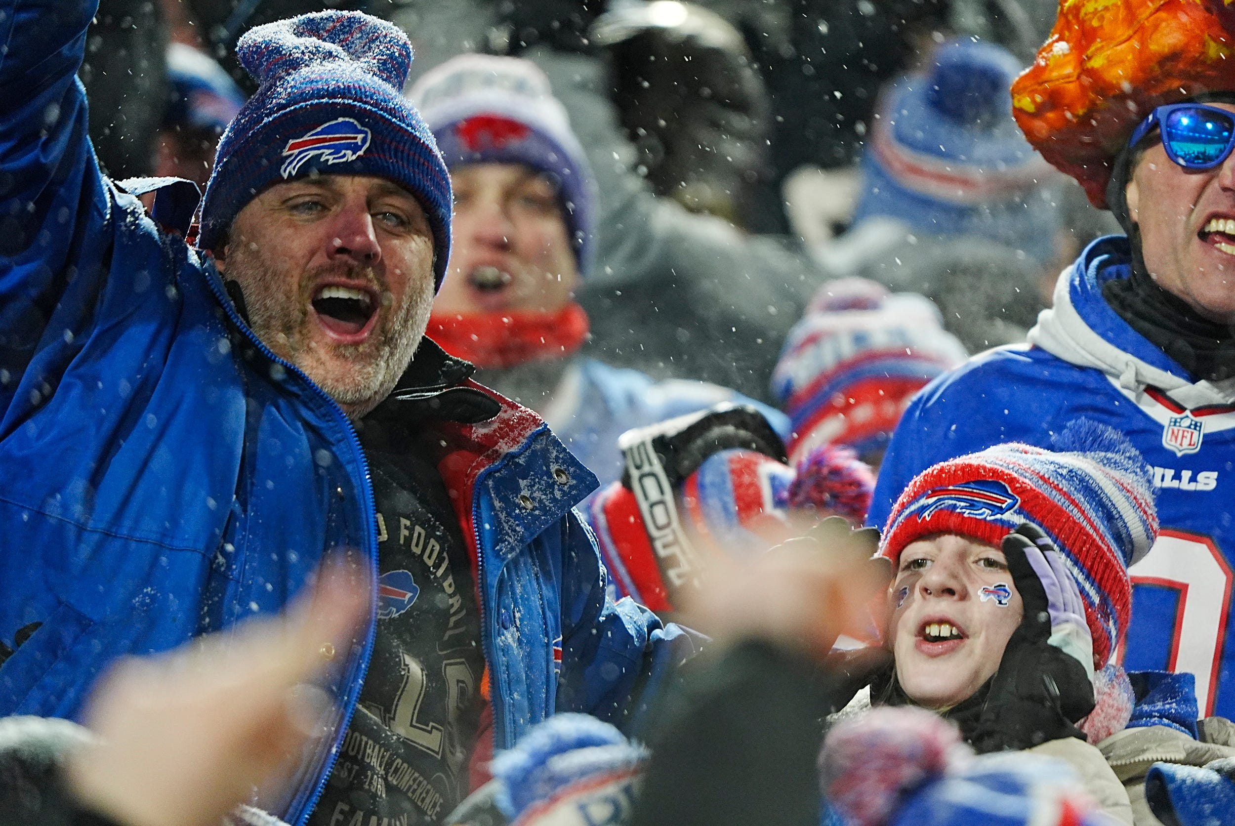 Fans cheer the Ravens fumble and the Bills recovery of it during first half action at the Buffalo Bills divisional game against the Baltimore Ravens at Highmark Stadium in Orchard Park on Jan. 19, 2025.