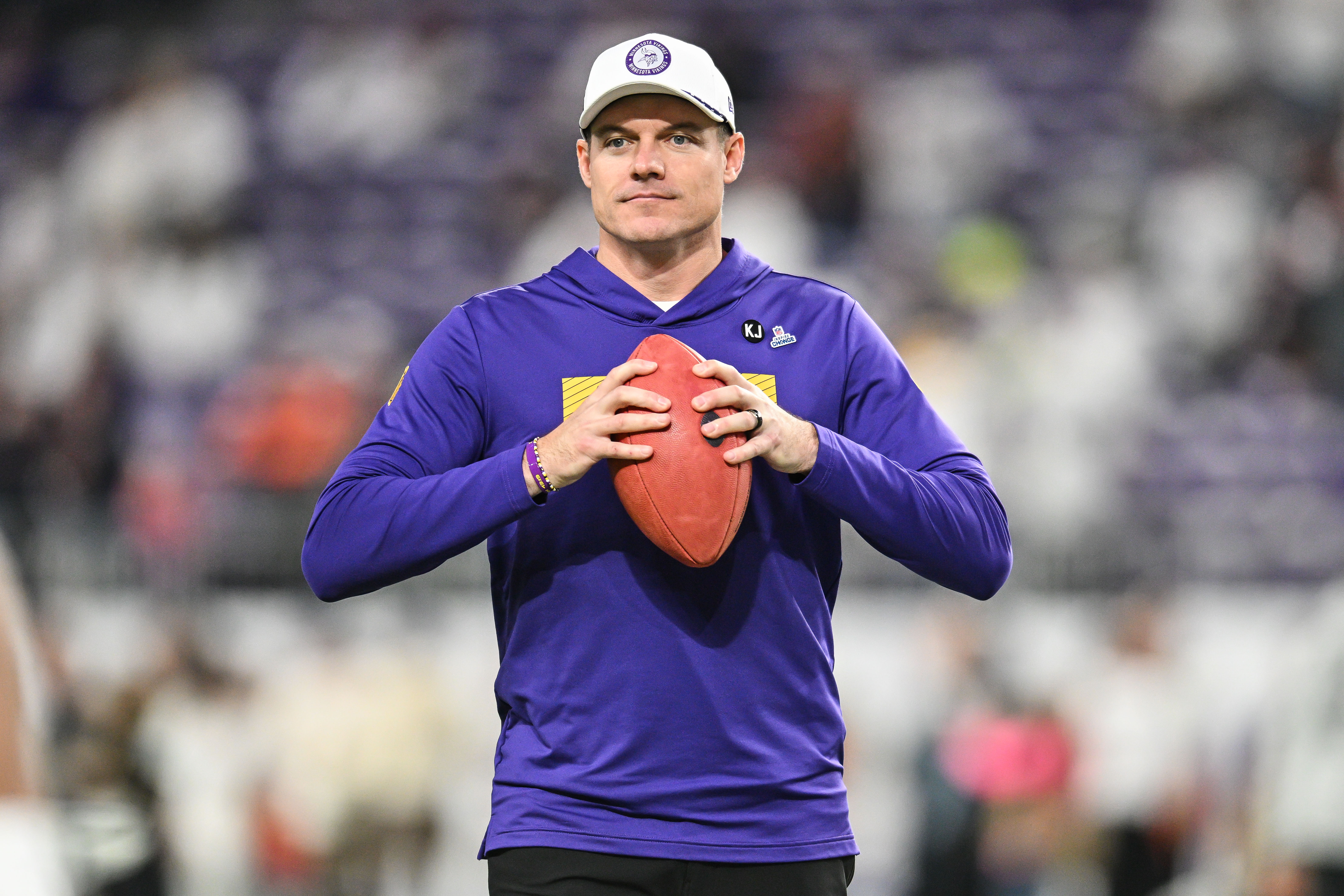Dec 16, 2024; Minneapolis, Minnesota, USA; Minnesota Vikings head coach Kevin O'Connell looks on before the game against the Chicago Bears at U.S. Bank Stadium.