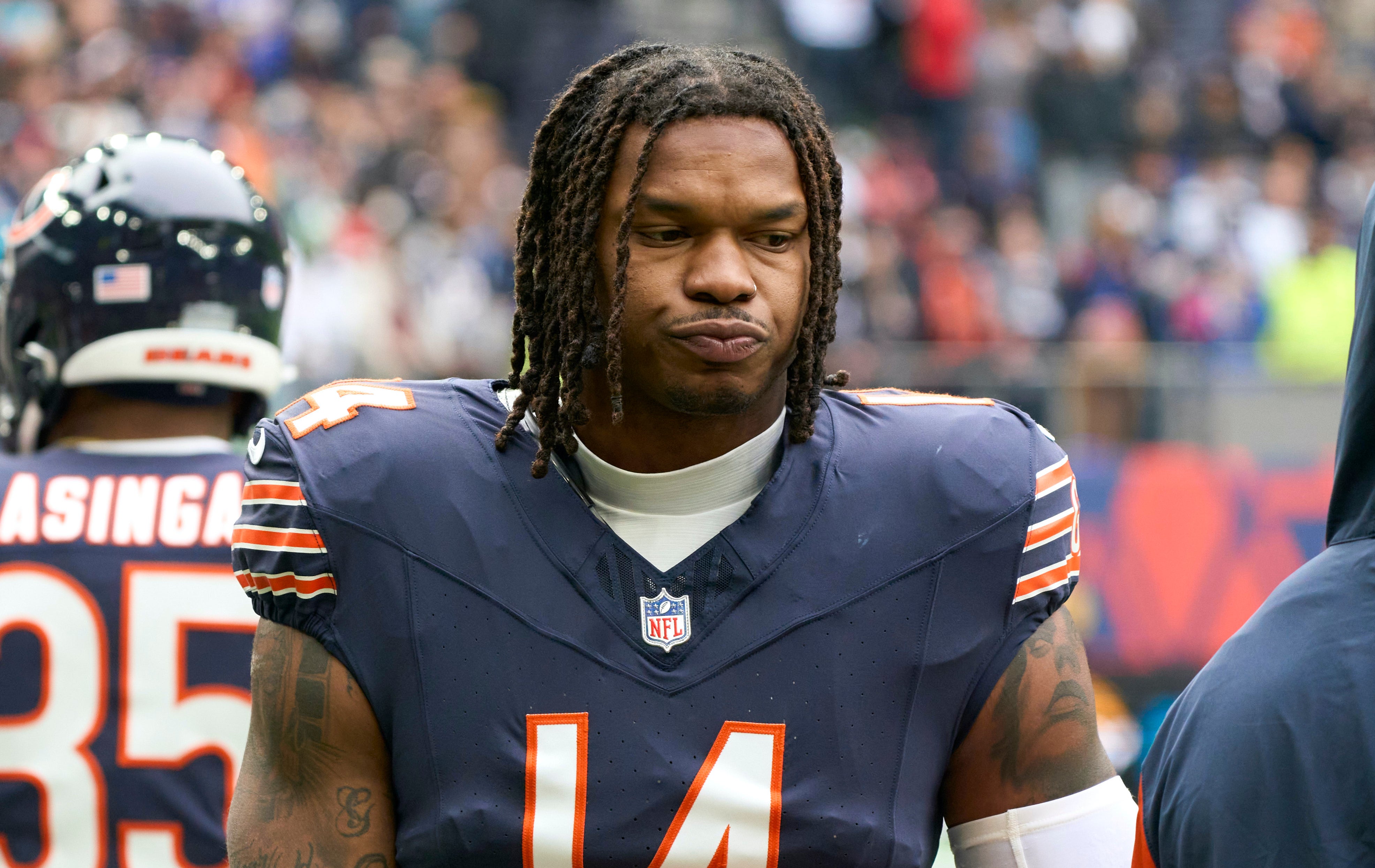 Oct 13, 2024; London, United Kingdom; Chicago Bears tight end Gerald Everett (14) during an NFL International Series game at Tottenham Hotspur Stadium.