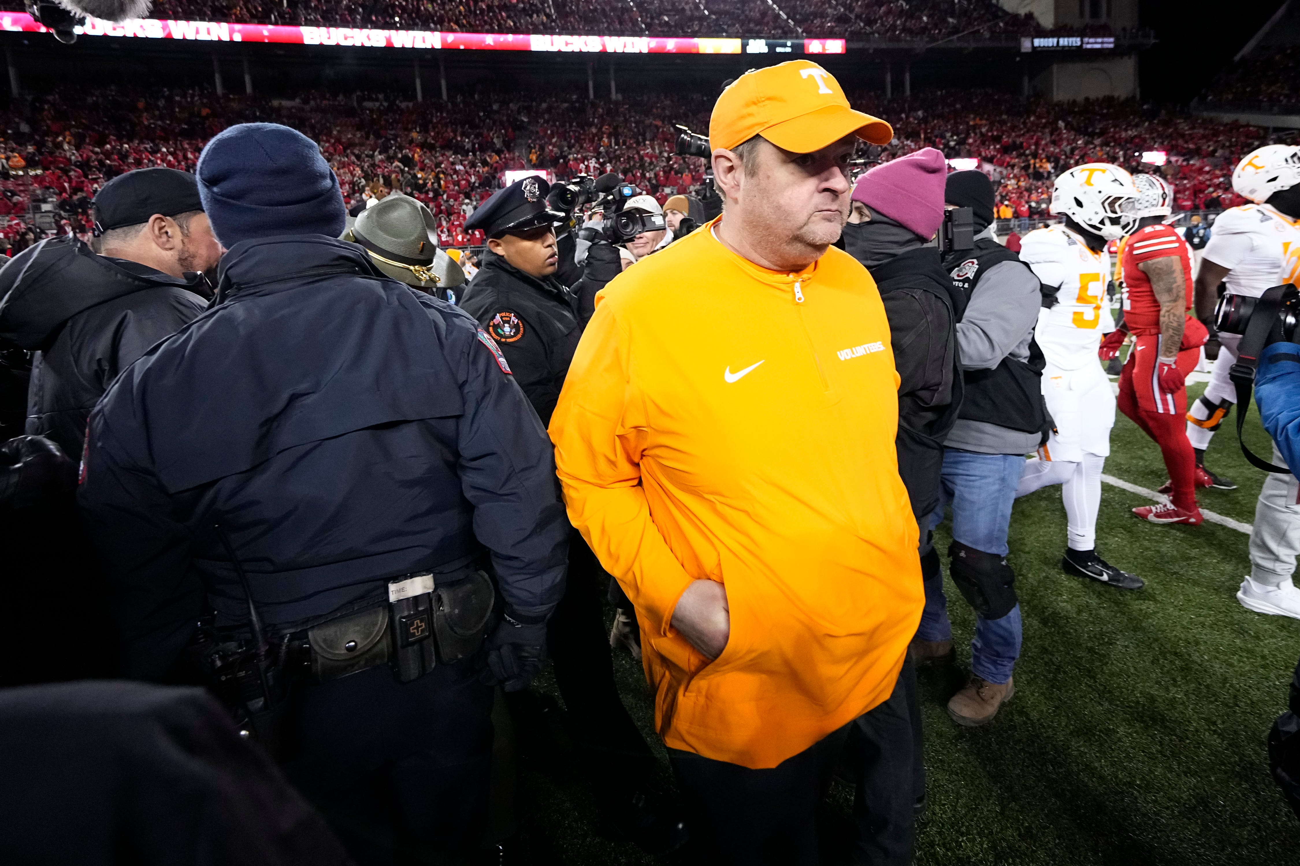 Tennessee Volunteers head coach Josh Heupel leaves the field following the College Football Playoff first round game against the Ohio State Buckeyes at Ohio Stadium in Columbus on Dec. 22, 2024. Ohio State won 42-17.