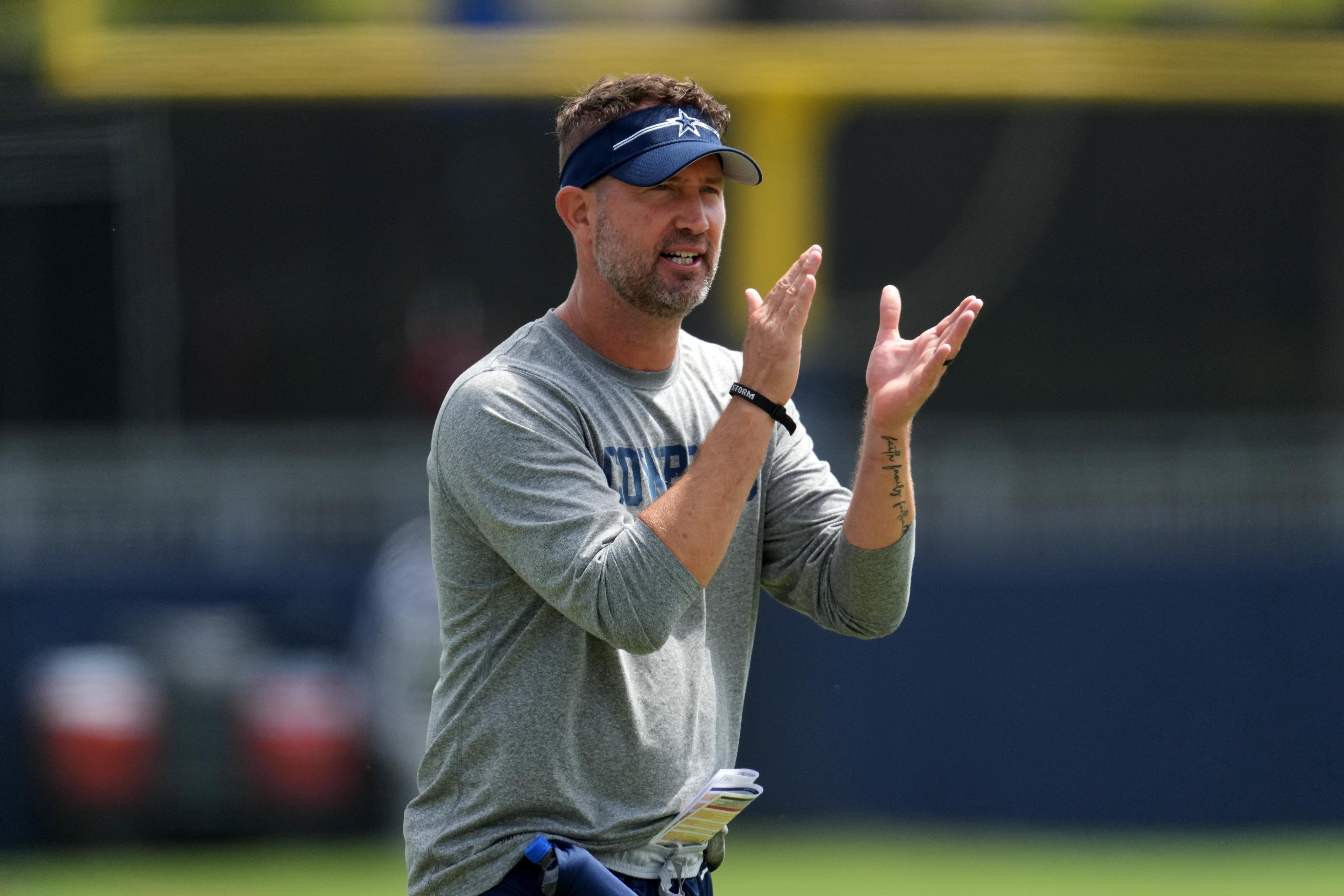 Dallas Cowboys offensive coordinator Brian Schottenheimer during training camp at the River Ridge Fields.