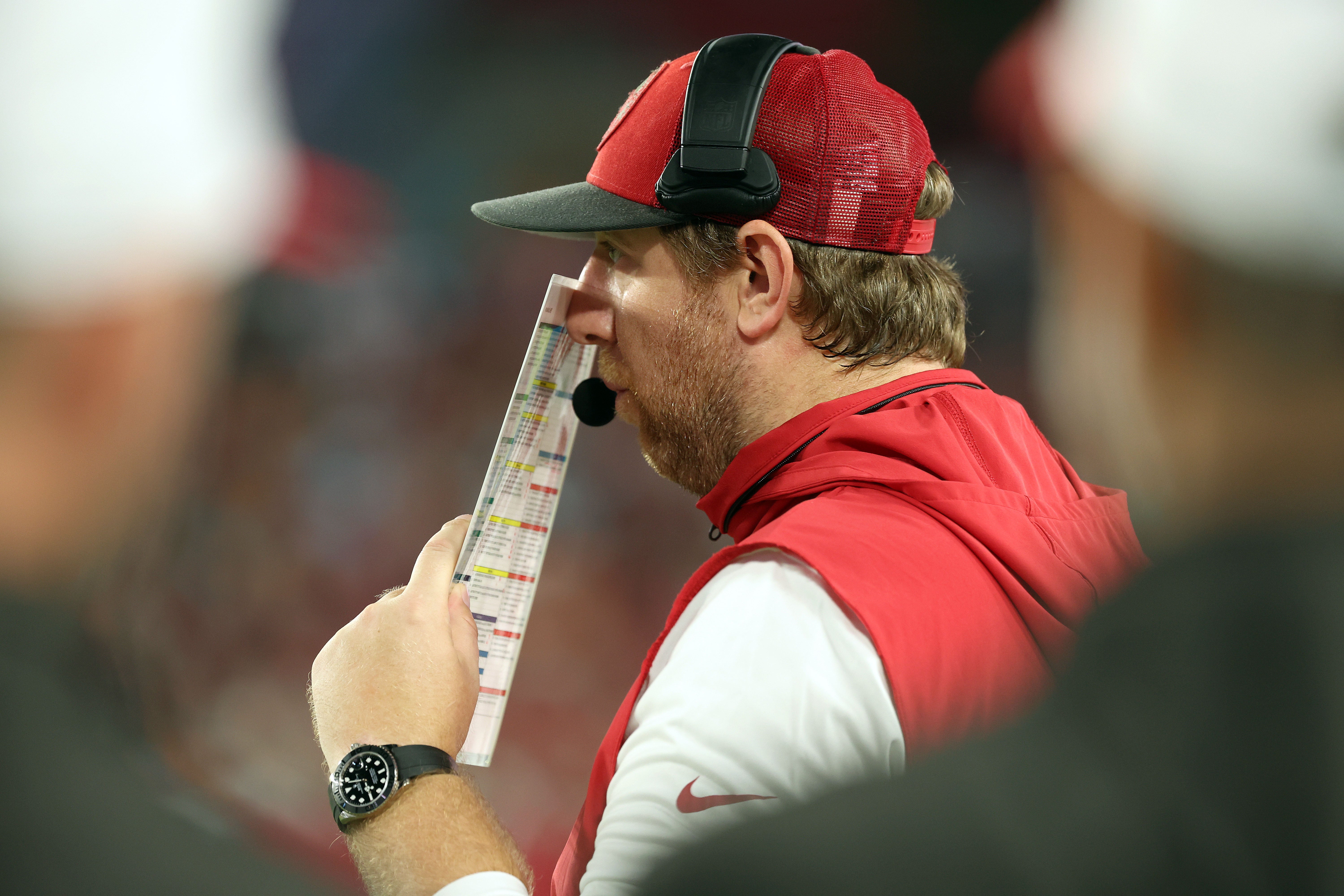 Aug 23, 2024; Tampa, Florida, USA; Tampa Bay Buccaneers offensive coordinator Liam Coen against the Miami Dolphins during the second quarter at Raymond James Stadium.