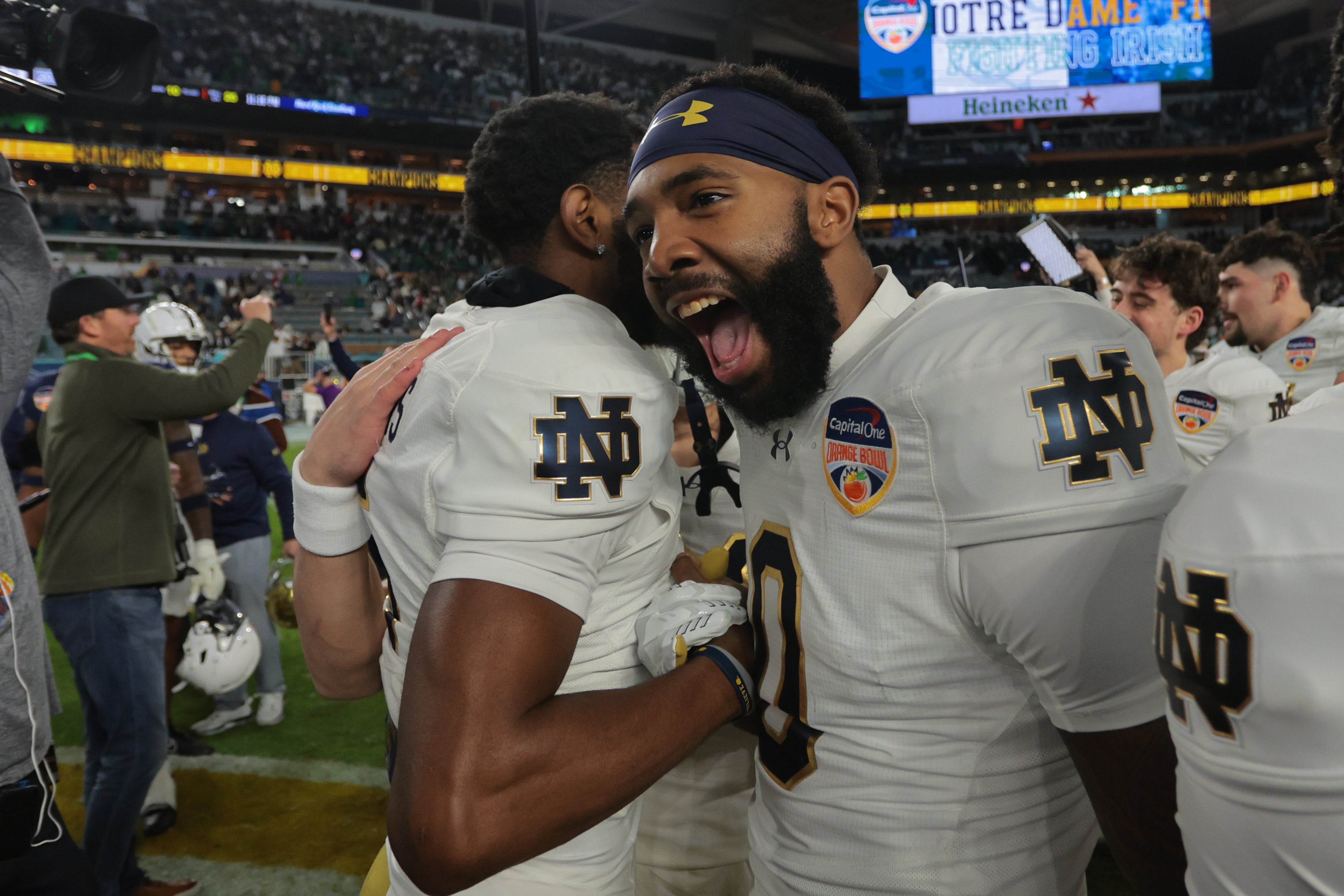 Notre Dame Fighting Irish wide receiver Deion Colzie (0) celebrates after defeating the Penn State Nittany Lions in the Orange Bowl at Hard Rock Stadium.