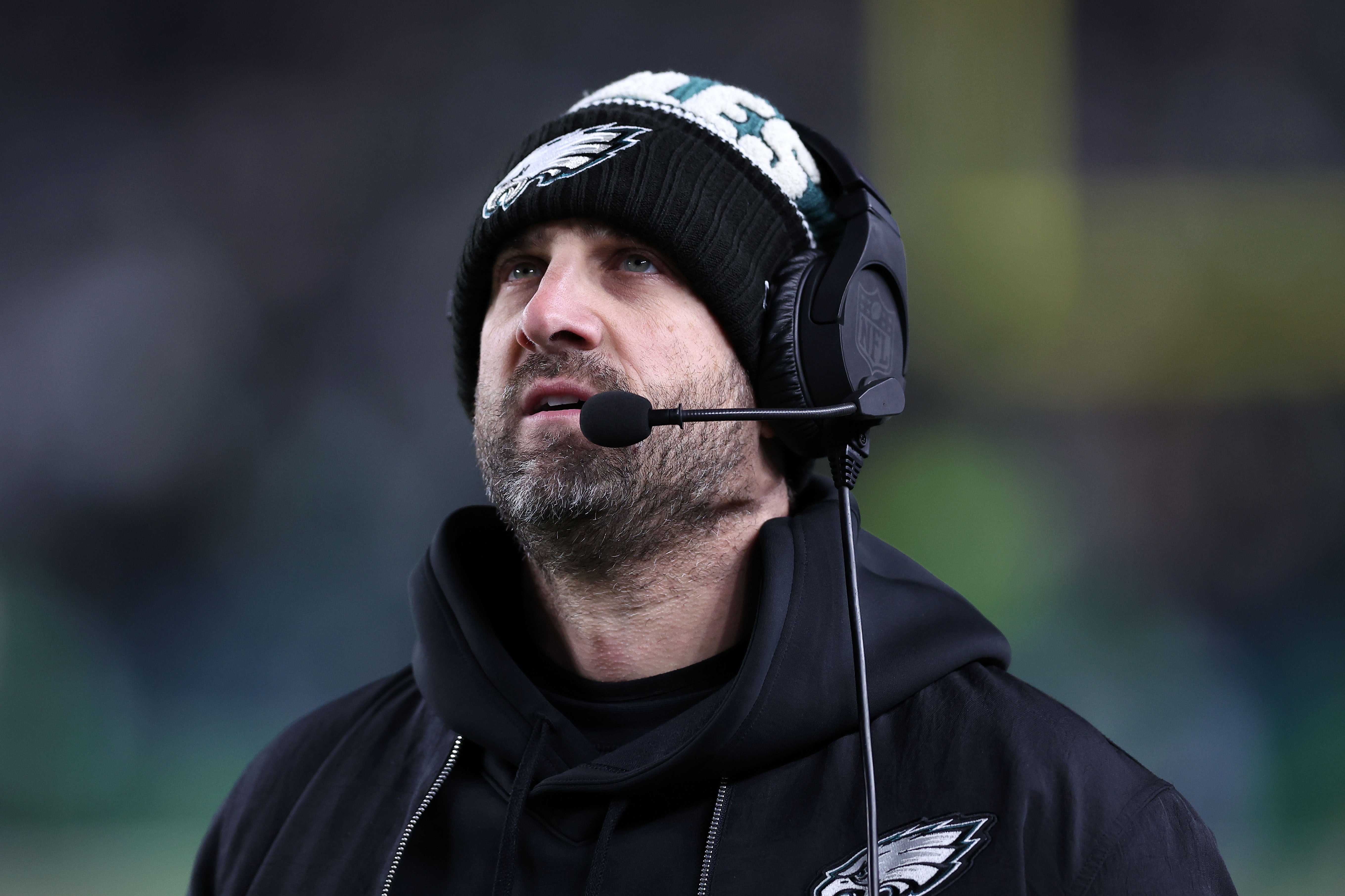 Philadelphia Eagles head coach Nick Sirianni reacts during the game against the Green Bay Packers in an NFC wild card game at Lincoln Financial Field.