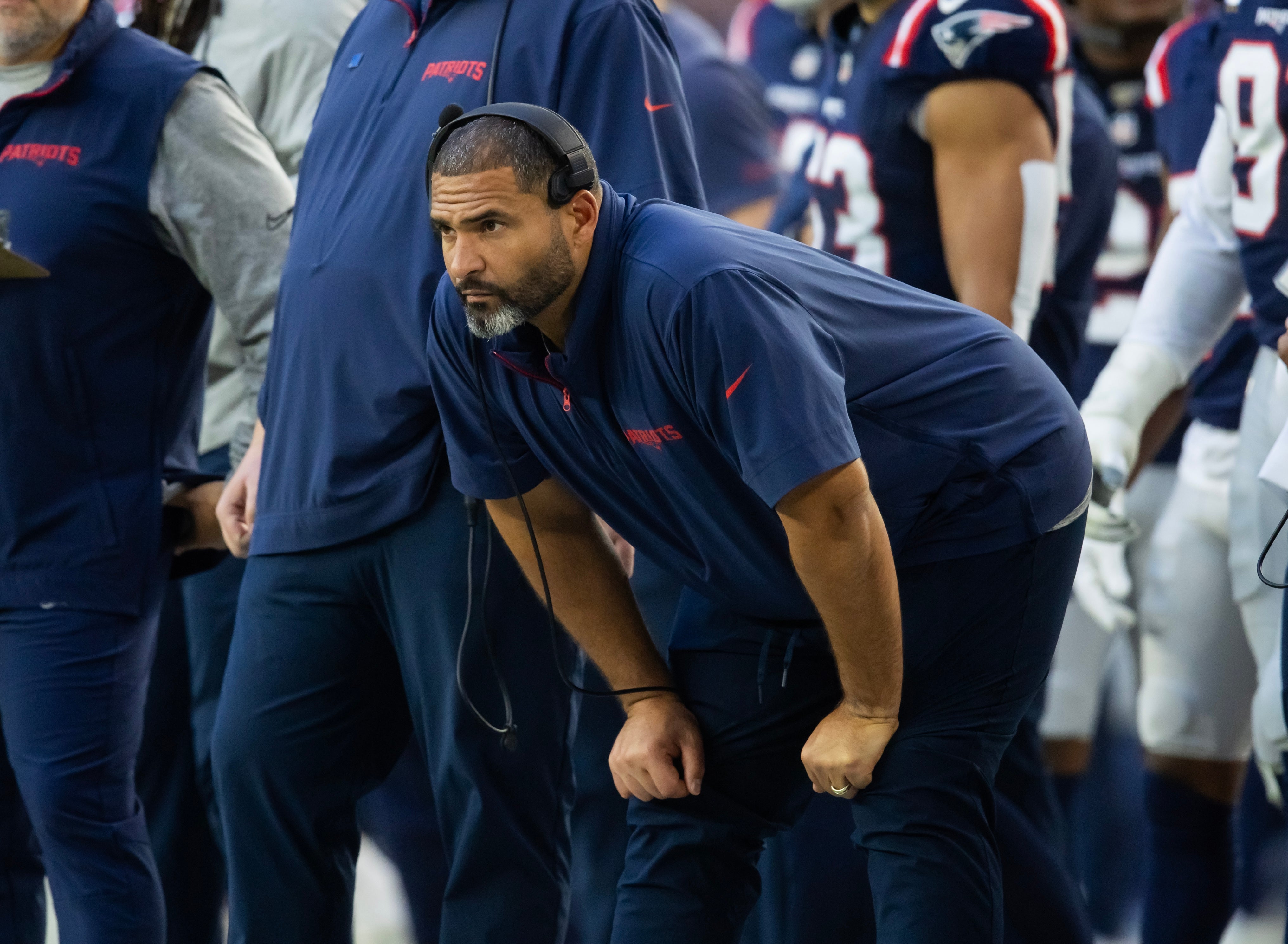 Dec 15, 2024; Glendale, Arizona, USA; New England Patriots defensive line coach Jerry Montgomery against the Arizona Cardinals at State Farm Stadium.