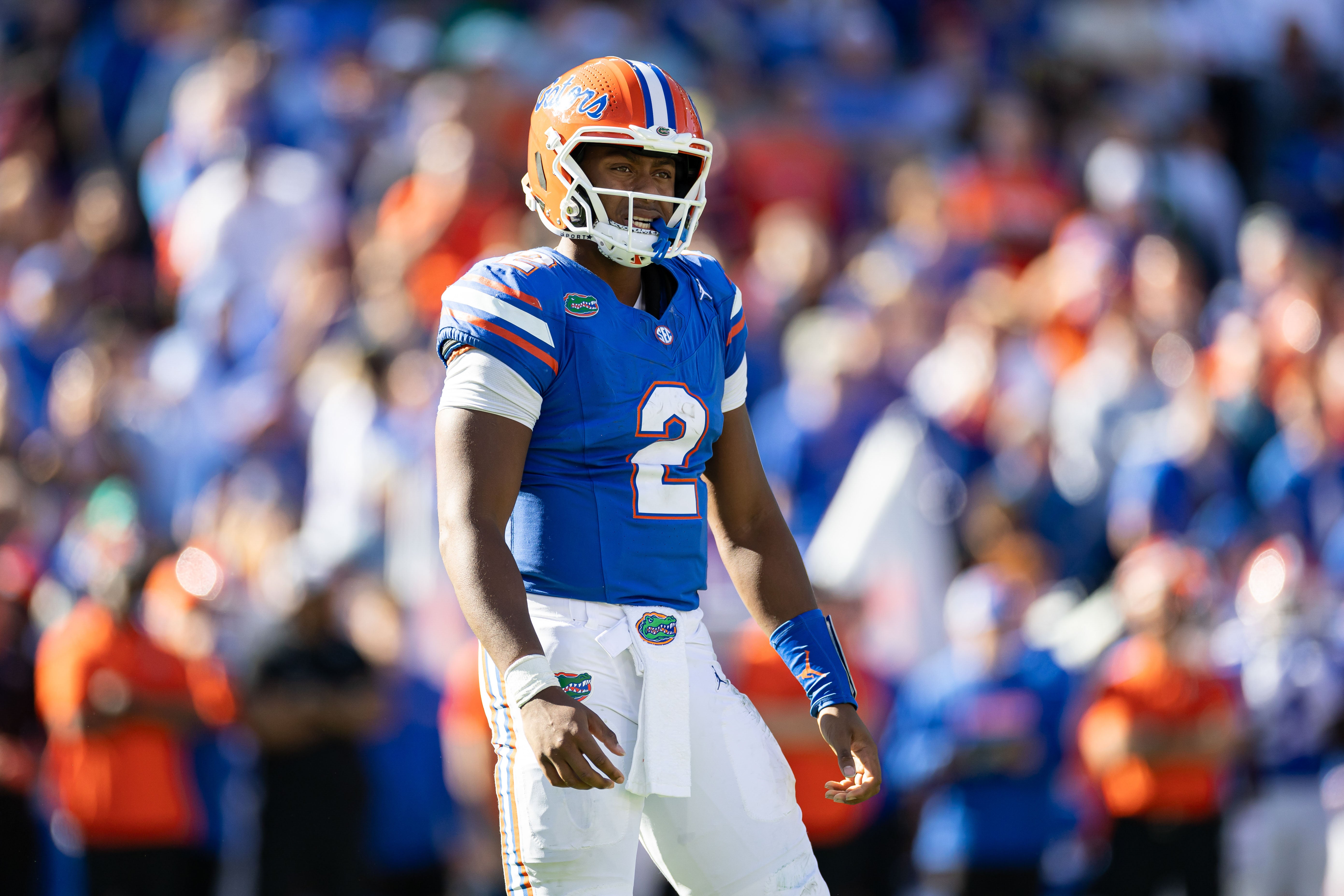 Nov 23, 2024; Gainesville, Florida, USA; Florida Gators quarterback DJ Lagway (2) looks on against the Mississippi Rebels during the second half at Ben Hill Griffin Stadium.